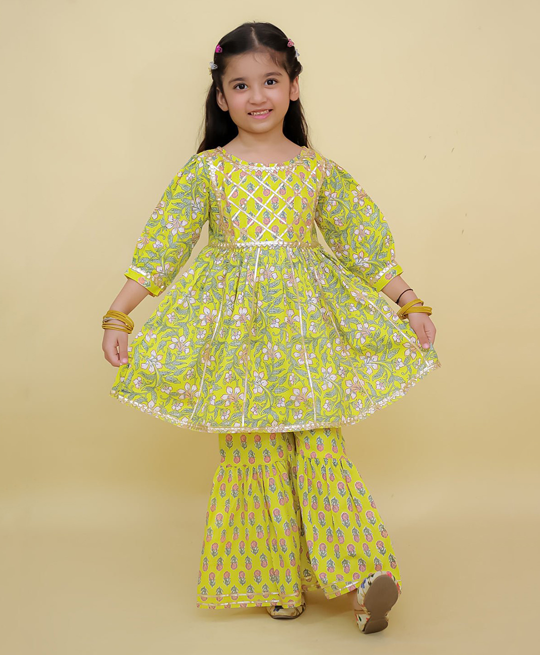 The Mom Store Cotton Knit Three Fourth Sleeves Floral Printed Gota Lace Embellished Kurti Sharara Set - Multi Colour-picture-5
