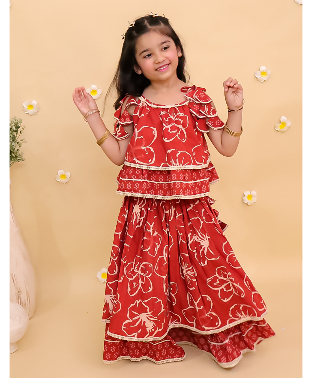 The Mom Store Cotton Woven Sleeveless Floral Printed Kurti Lehenga Set - Orange-picture-29