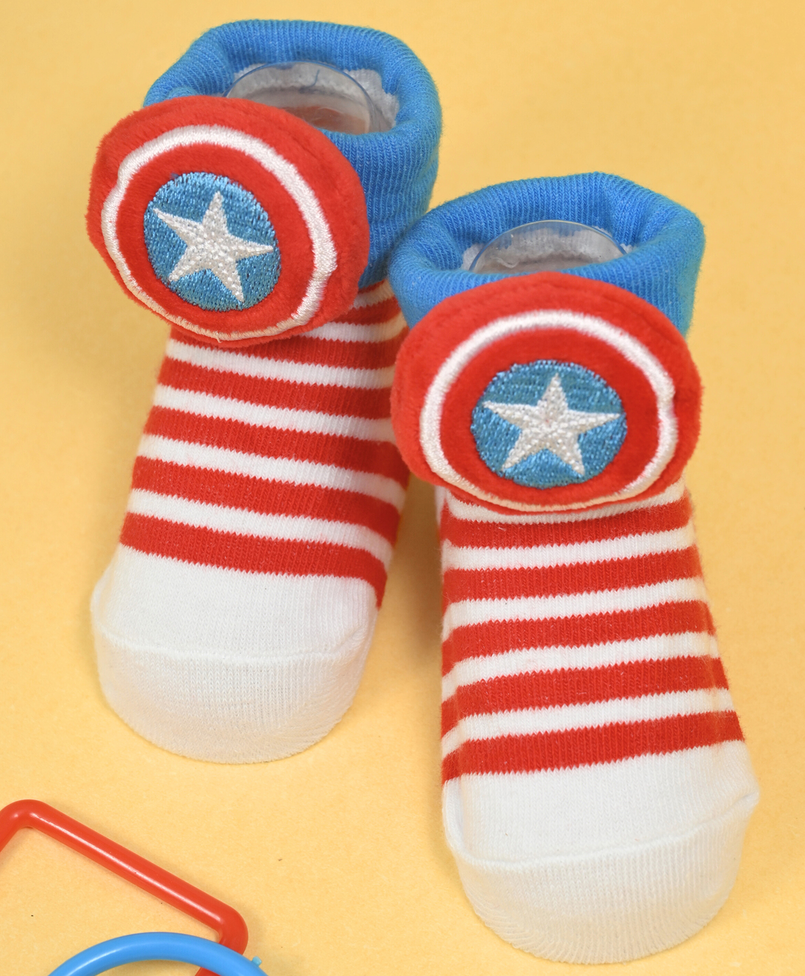 Yellow Bee Cotton Marvel Featuring Captain America 3D Applique Shield & Striped Socks - Multi Colour-image-31