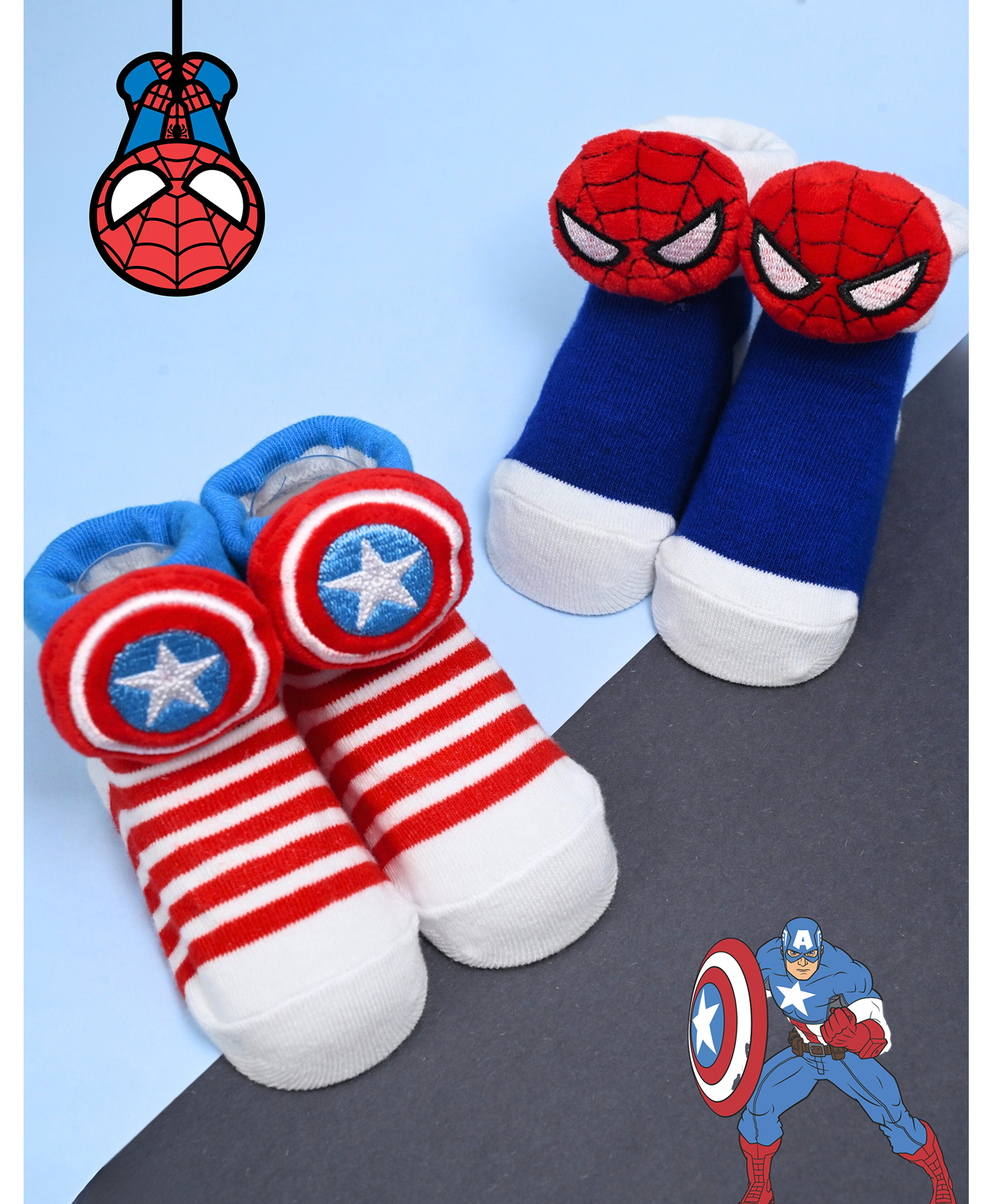 Yellow Bee Cotton Pack Of 2 Marvel Featuring Captain America Shield & Spider Man 3D Applique Socks - Red & Blue-picture-49