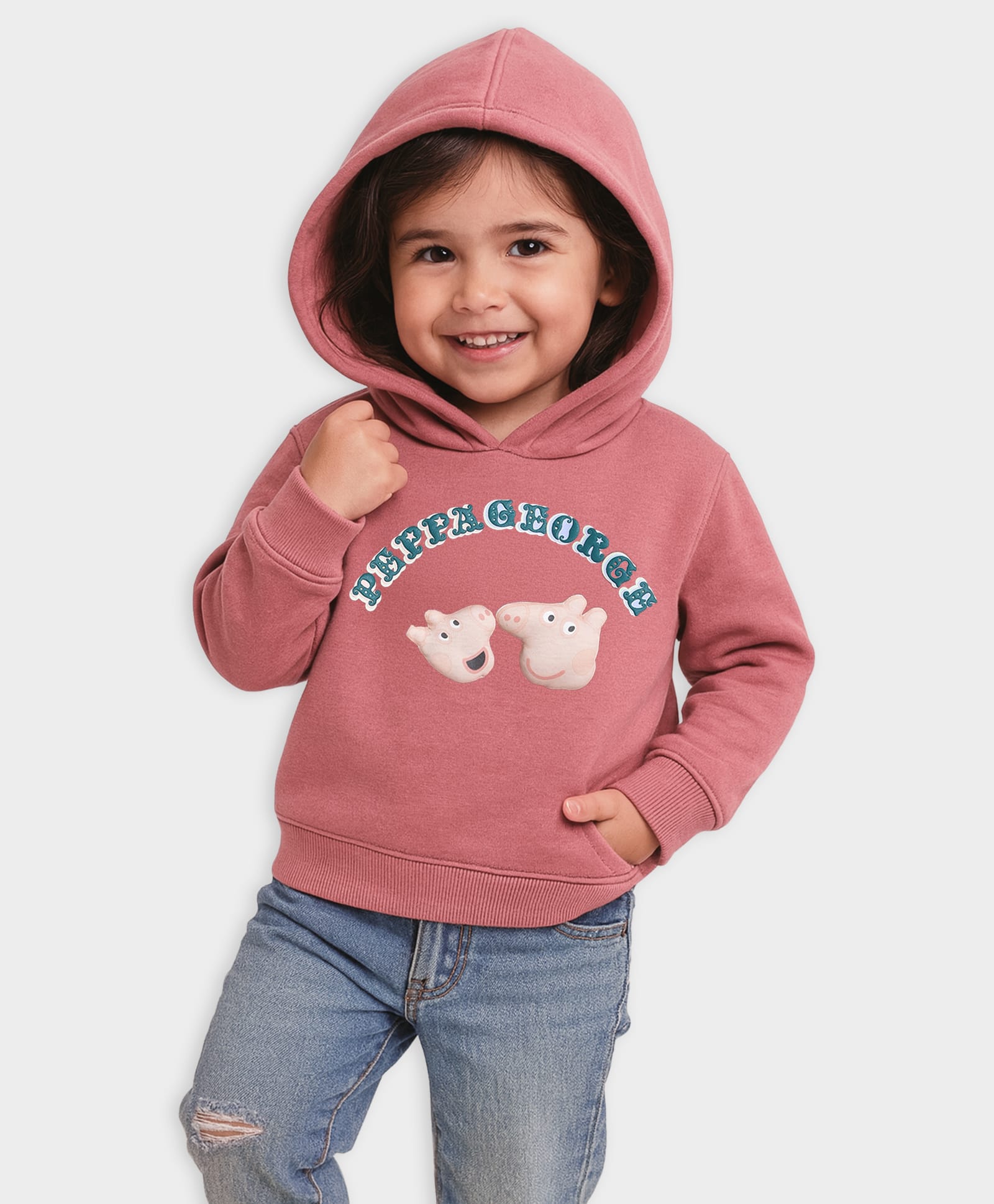 Mi Arcus Knit Peppa Pig Featuring Full Sleeves Characters Applique Detailed Light Winter Hooded Sweatshirt - Pink-picture-37