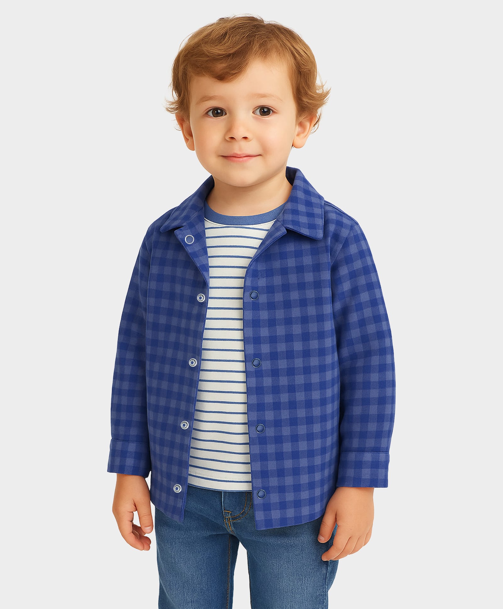 Mi Arcus Cotton Knit Full Sleeves Gingham Checked Shirt With Striped Tee Set - Blue & White-image-42