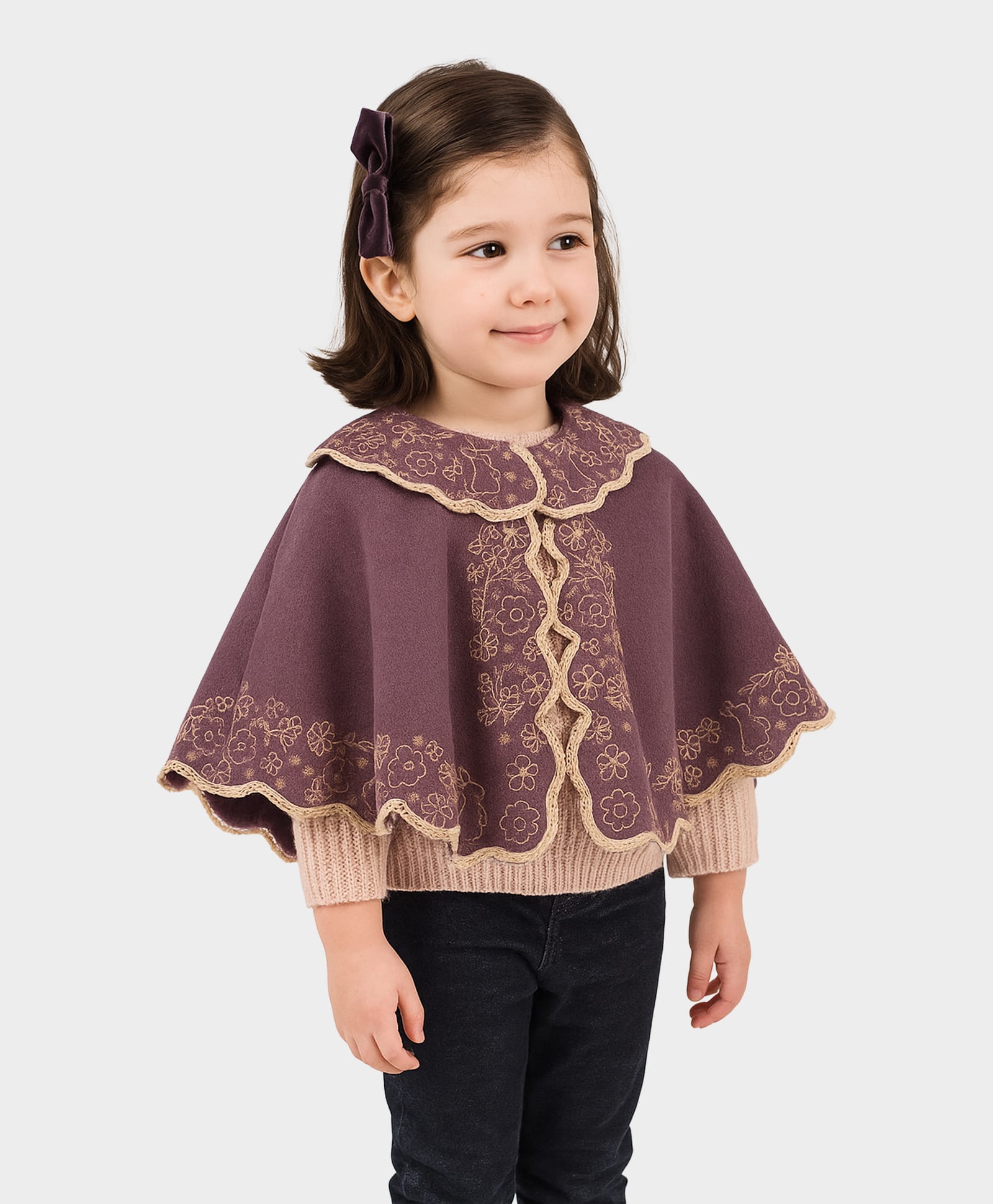 Mi Arcus Knit Floral Printed & Lace Embellished Poncho - Mauve-picture-28