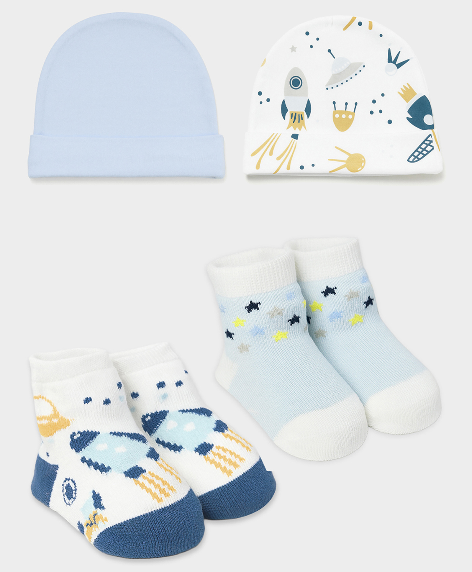 Mi Arcus Cotton Knit Pack Of 2 Space Theme Designed Socks & Caps - White & Blue-image-27