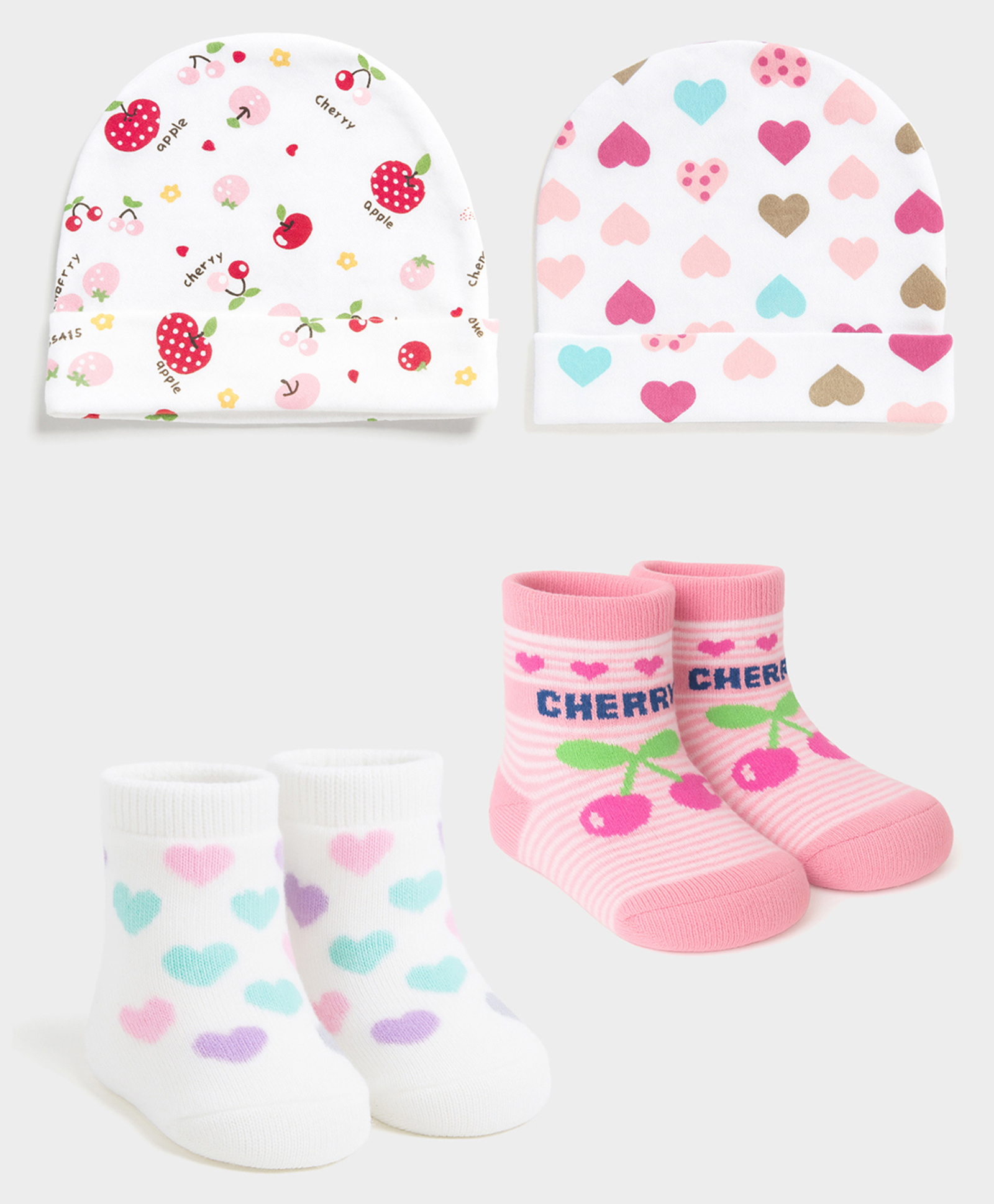 Mi Arcus Cotton Knit Pack Of 2 Cherries & Hearts Designed Caps With Socks Set - Pink-picture-19
