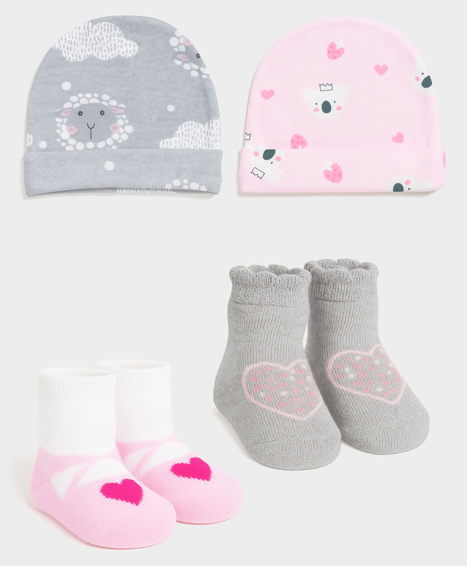 Mi Arcus Cotton Knit Pack Of 2 Animals & Hearts Designed Caps With Socks Set - Pink & Grey-picture-18