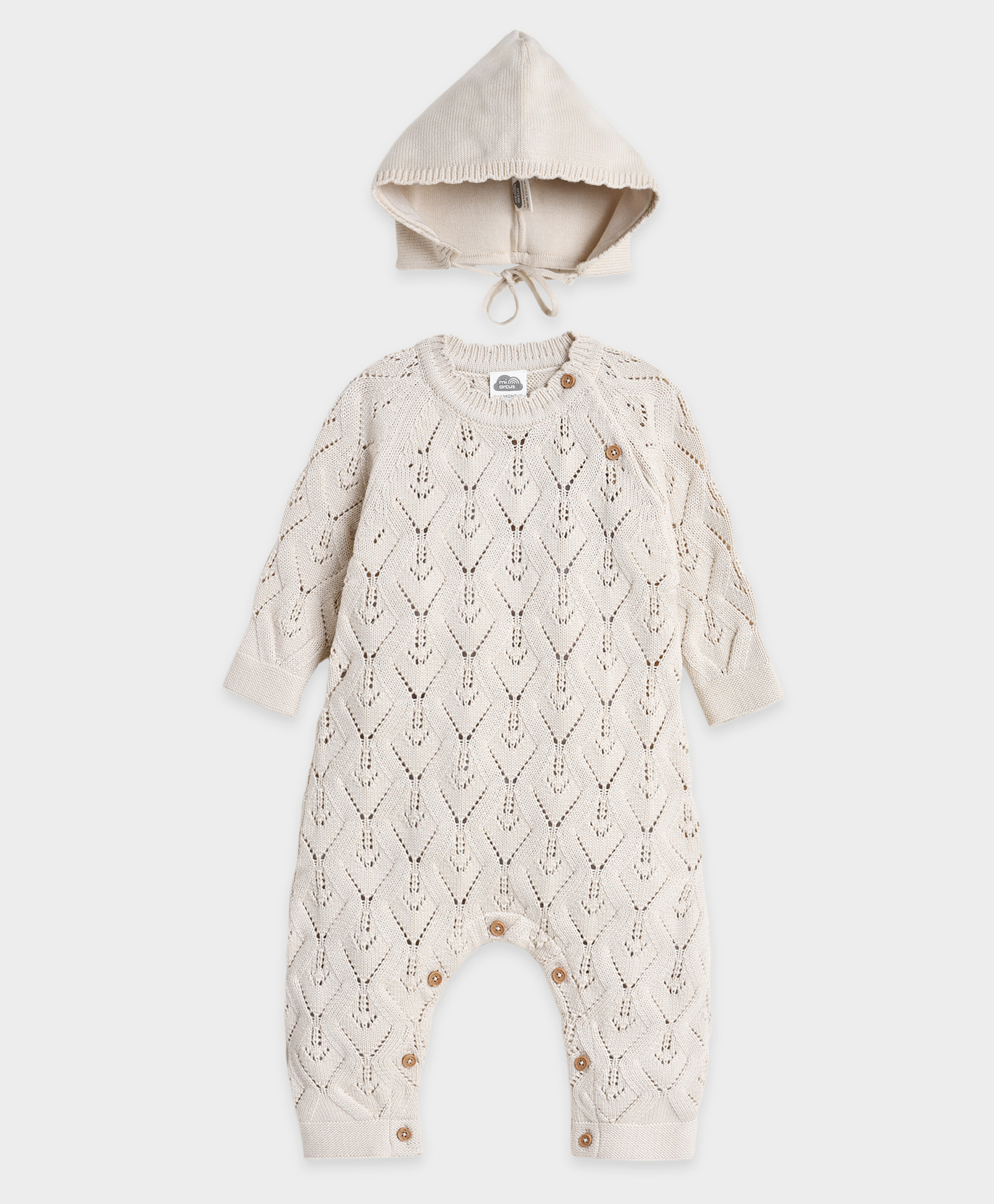 Mi Arcus 100% Cotton Knit Full Sleeves Abstract Embroidered Romper With Cap - Cream-image-22
