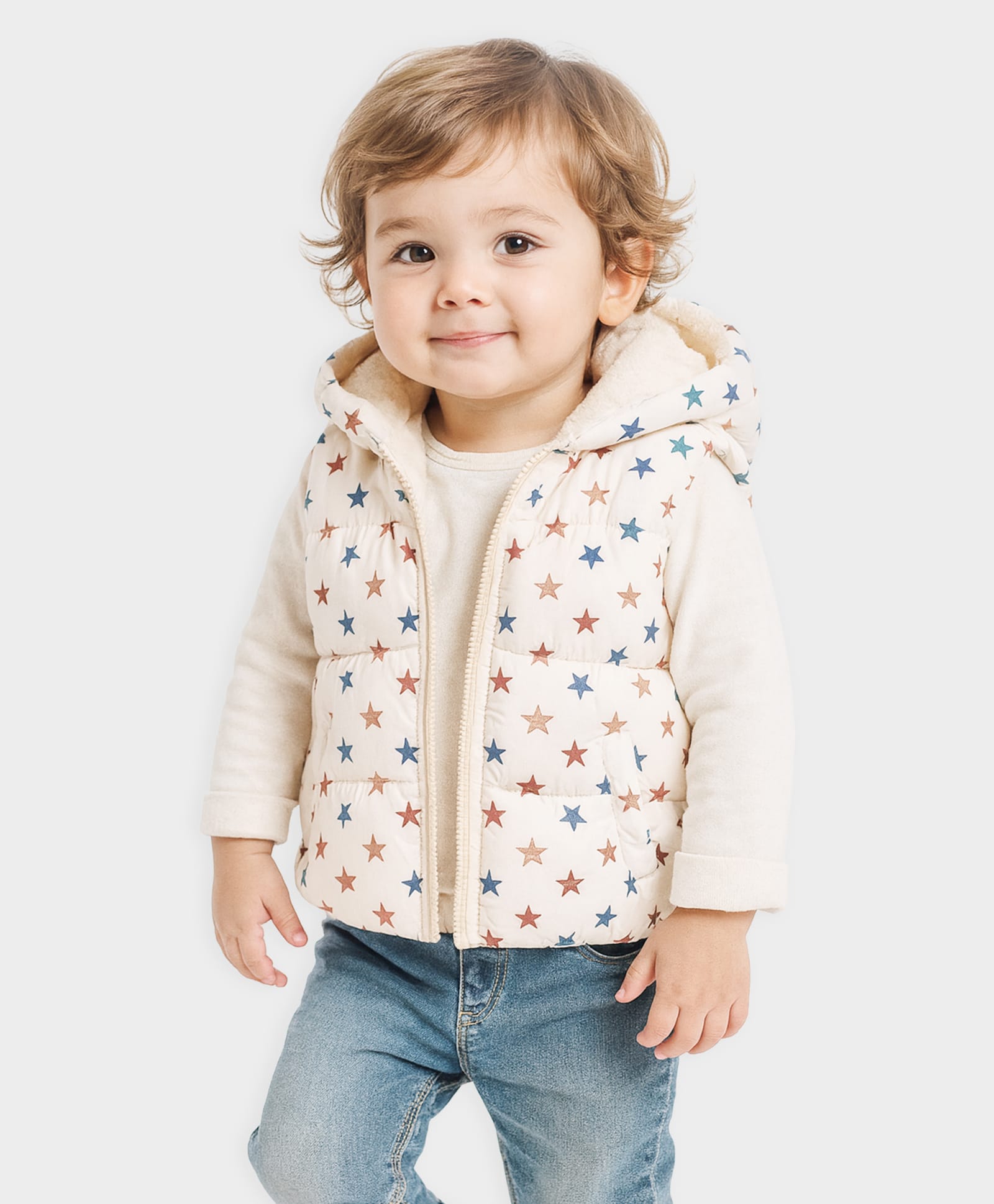 Mi Arcus Sleeveless Star Printed Light Winter Hooded Puffer Jacket - Cream-image-11