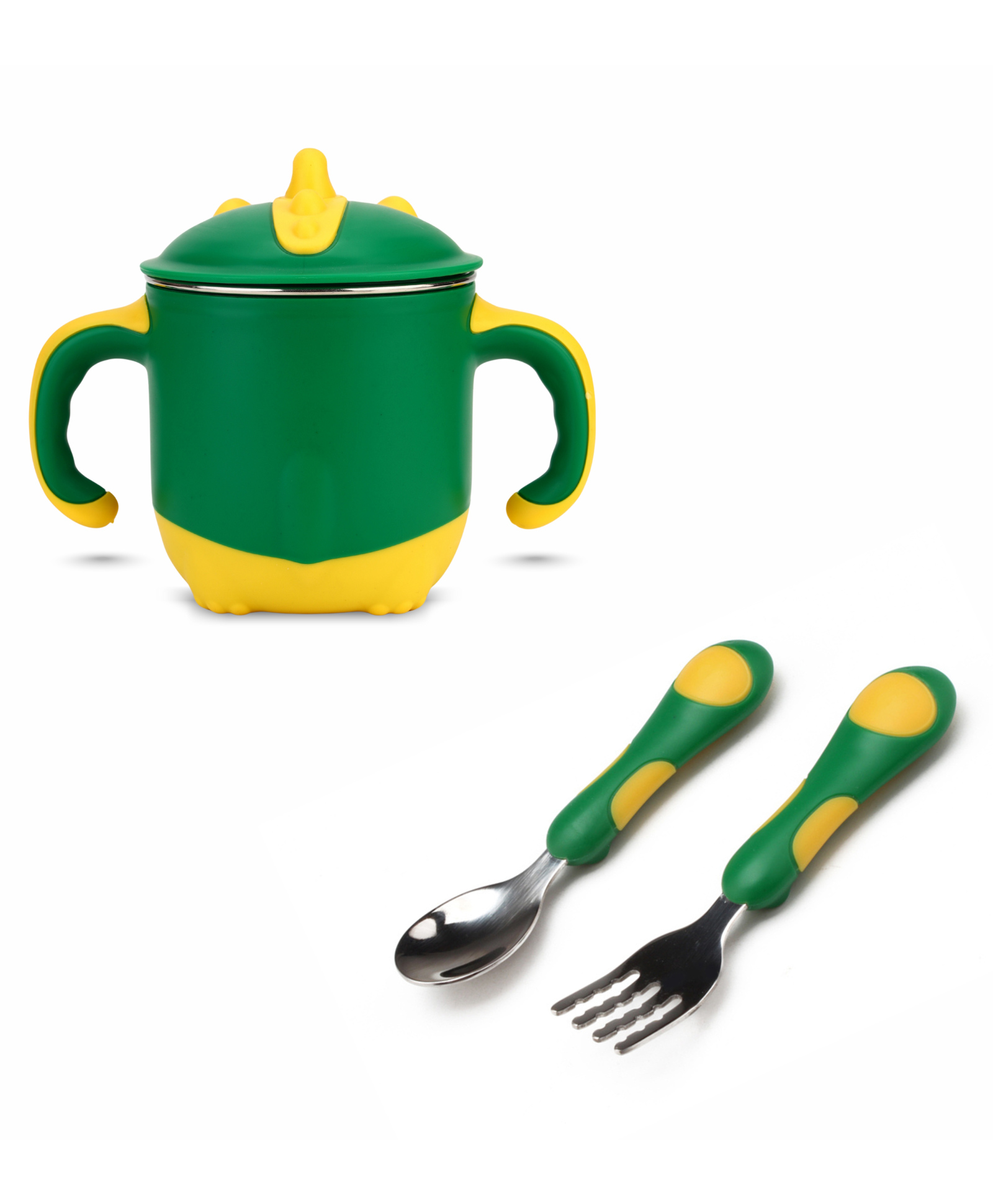 ONE AND ONLY Green Dino Sippy Cup with Spoon & Fork Set-picture-12