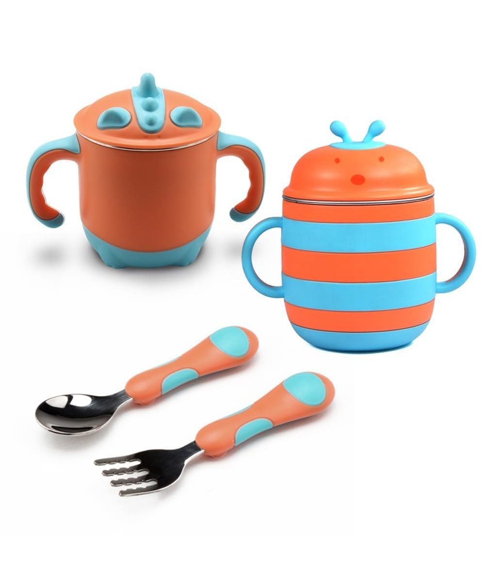ONE AND ONLY Bee & Dino Orange Sippy Cup with Spoon & Fork Set with Travel Case-picture-15