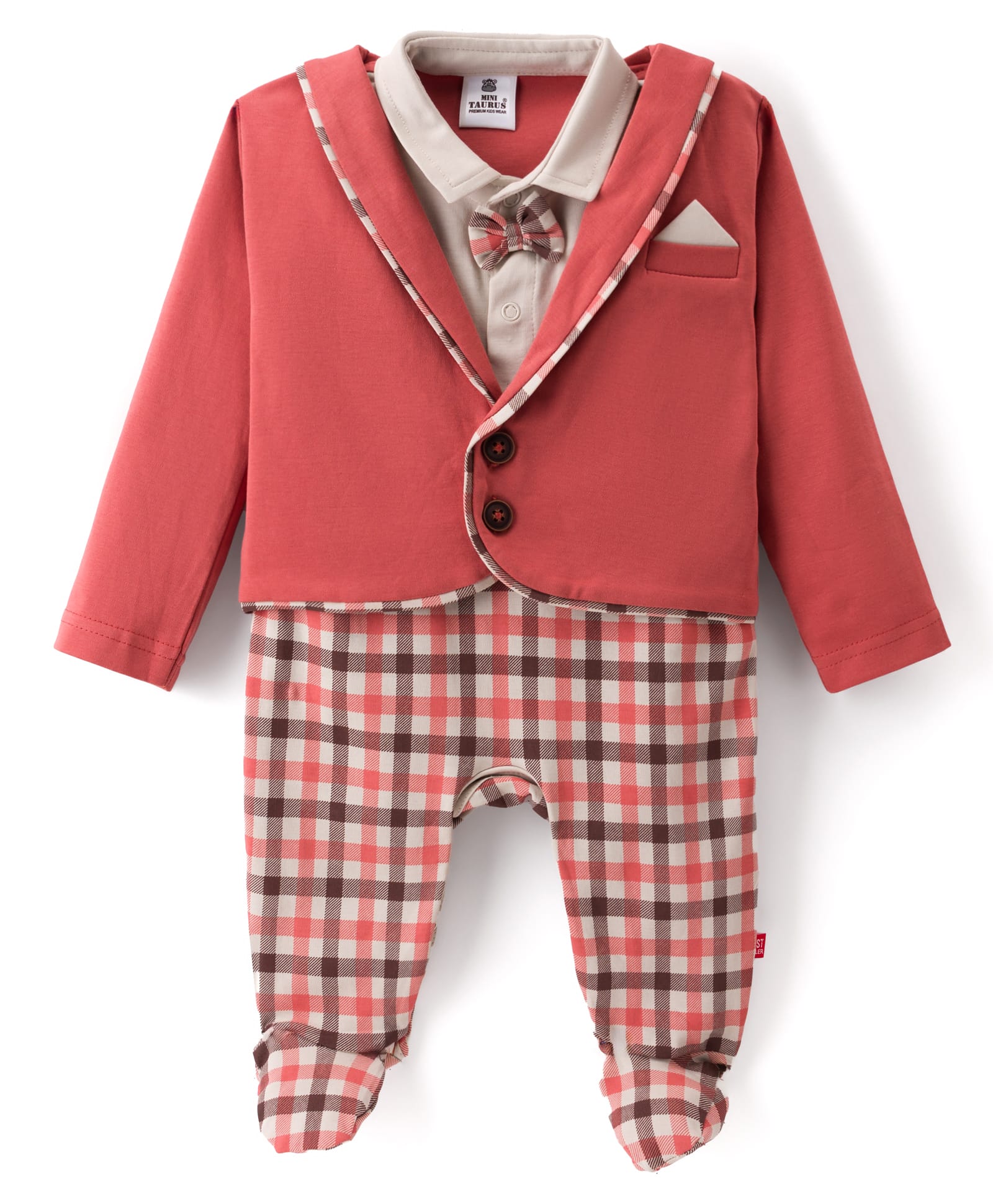 Mini Taurus Interlock Knit Full Sleeves Party Wear Checkered Romper With Jacket - Coral-image-6