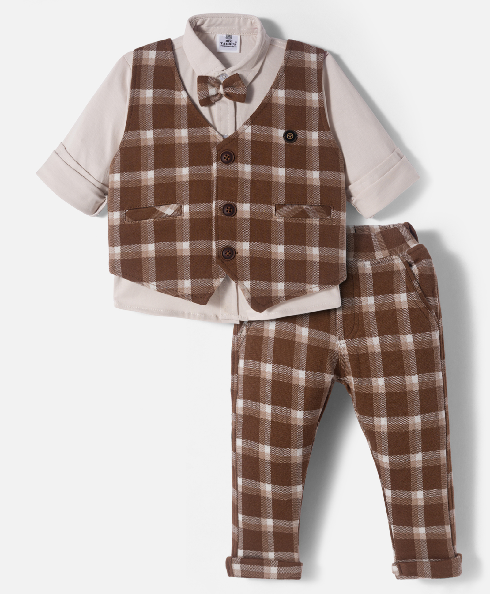 Mini Taurus Interlock Knit Full Sleeves Checks 3 Piece Party Suit With Bow Applique - Brown-picture-1