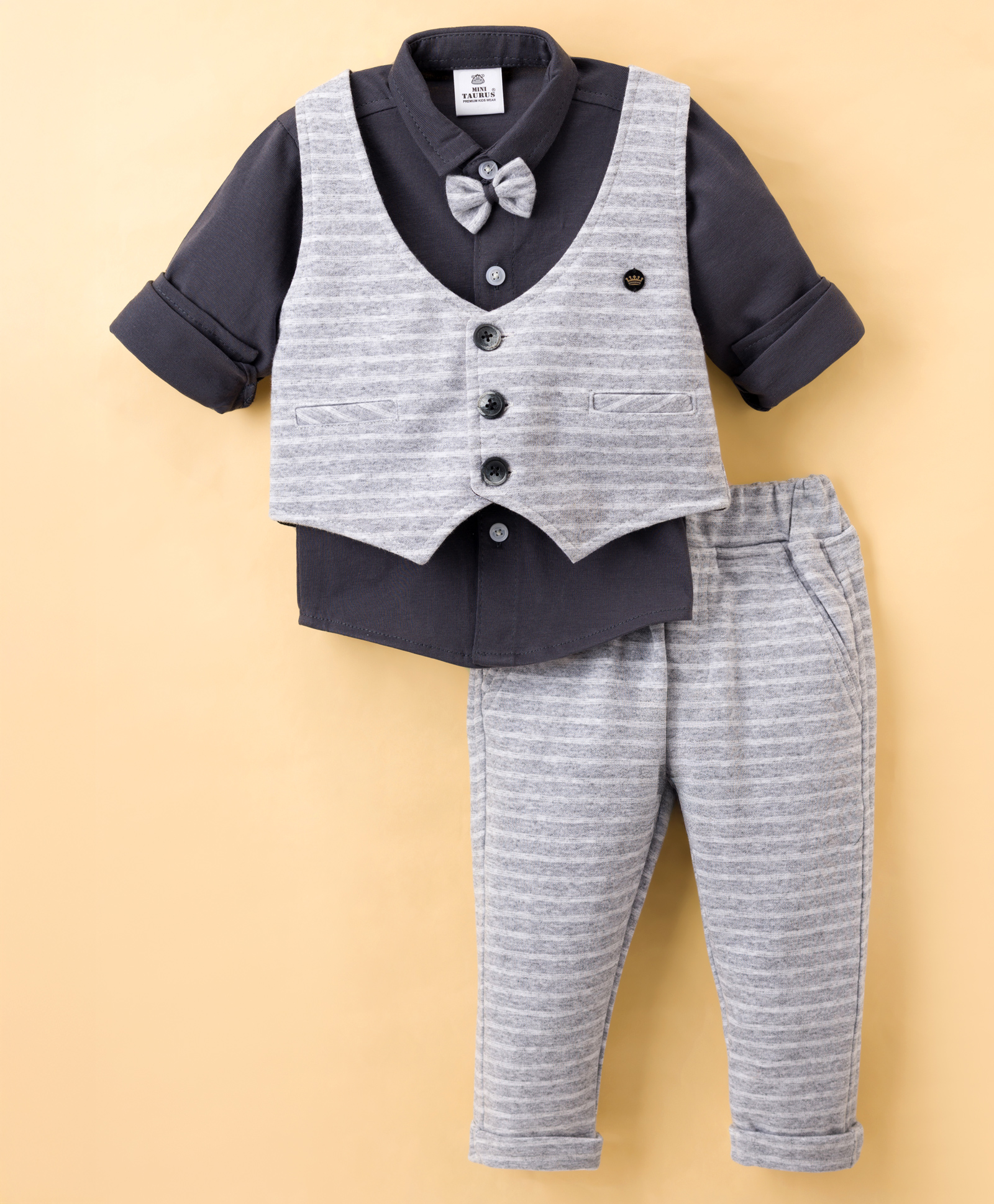 Mini Taurus Sinker Knit Full Sleeves Striped 3 Piece Party Suit With Bow Applique - Light Grey-picture-4