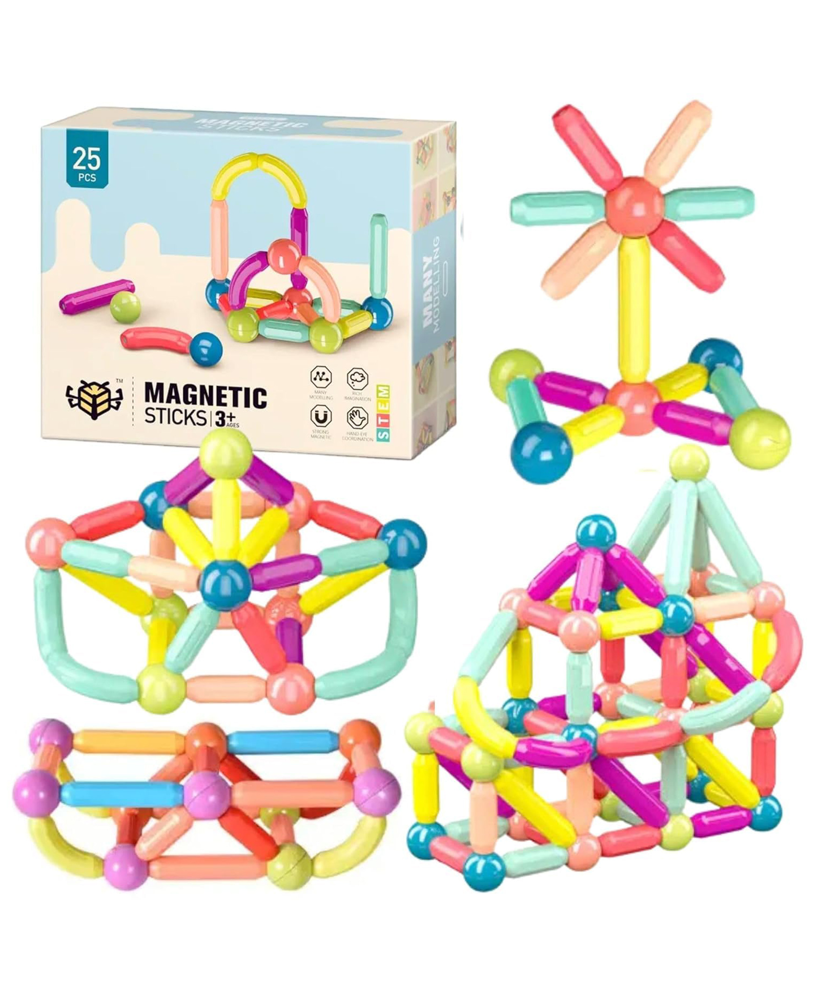 AKN TOYS Magnetic Sticks Building Blocks Educational Stacking Toys With Magnetic Sticks Magnetic Balls and Magnetic Blocks for Kids 25 Pieces - Pack of 1 - ( Color May Vary )-image-40