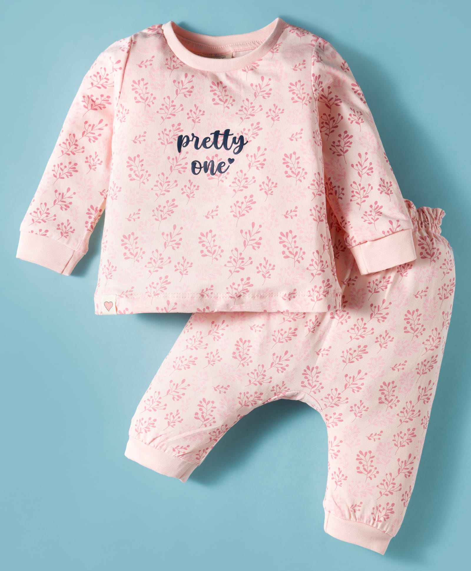 Ollypop Interlock Knit Full Sleeves T-Shirt and Lounge Pant Set With Pretty One Text Print - Pink-picture-41