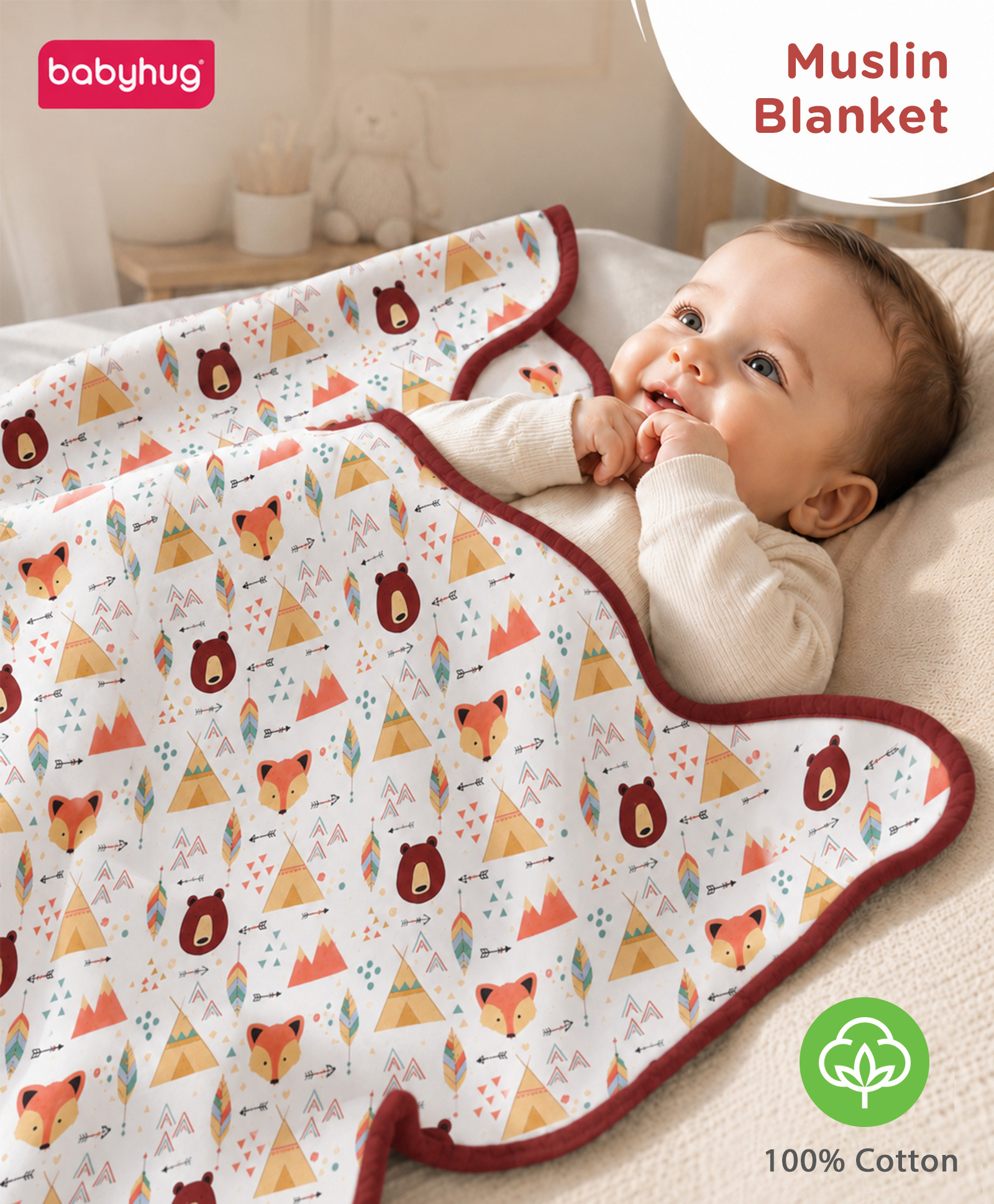 Babyhug Premium 3 Layered Baby Muslin Blanket Tribal Bear & Fox Print - Multicolor, Soft & Breathable, All Season Blanket, New Born Gifting, Bath Towel, Wrapper, Feeding Towel, Machine Washable-image-13