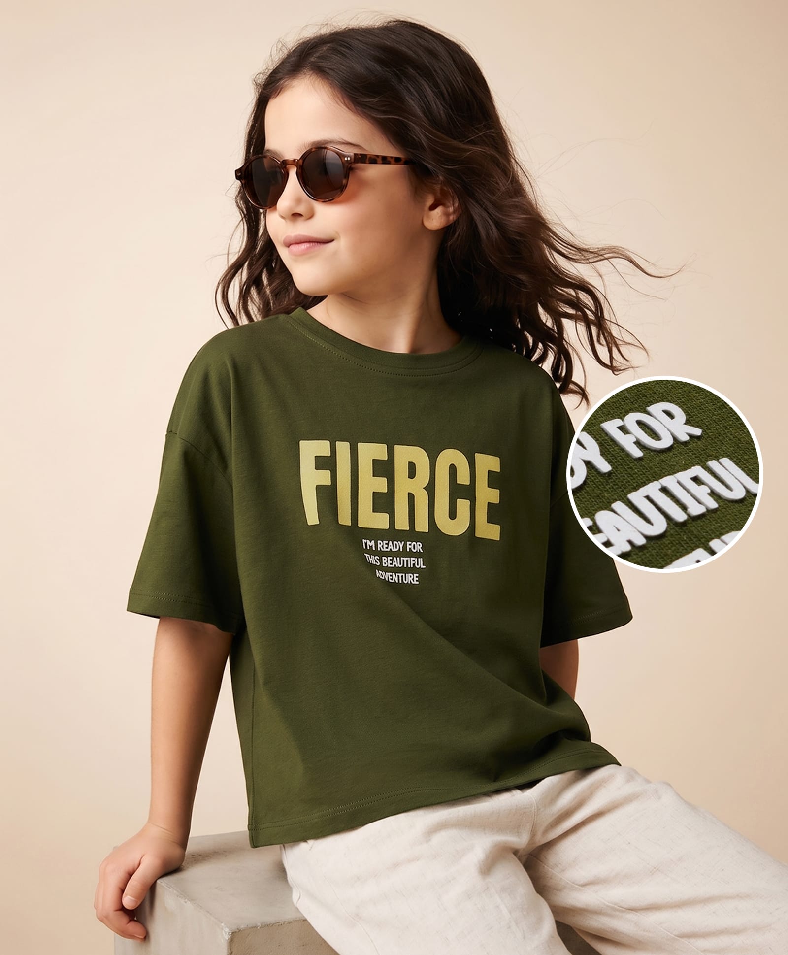 Kookie Kids Single Jersey Knit Drop Shoulder Half Sleeves T-Shirt with Flock & HD Print - Olive Green-image-26