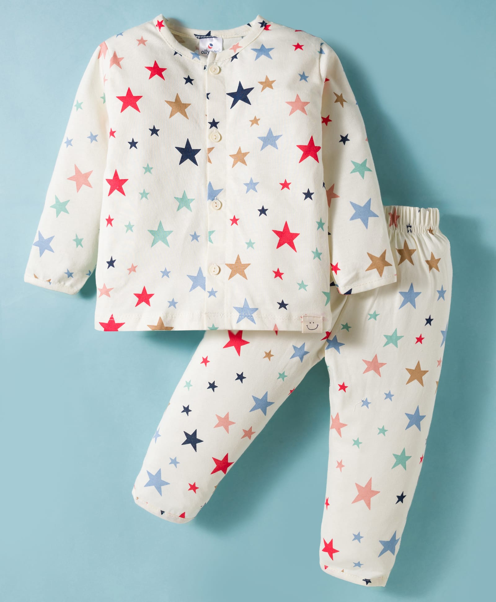 Ollypop Sinker Knit Full Sleeves Co-ords Night Suit With Star Print - Cream-picture-23