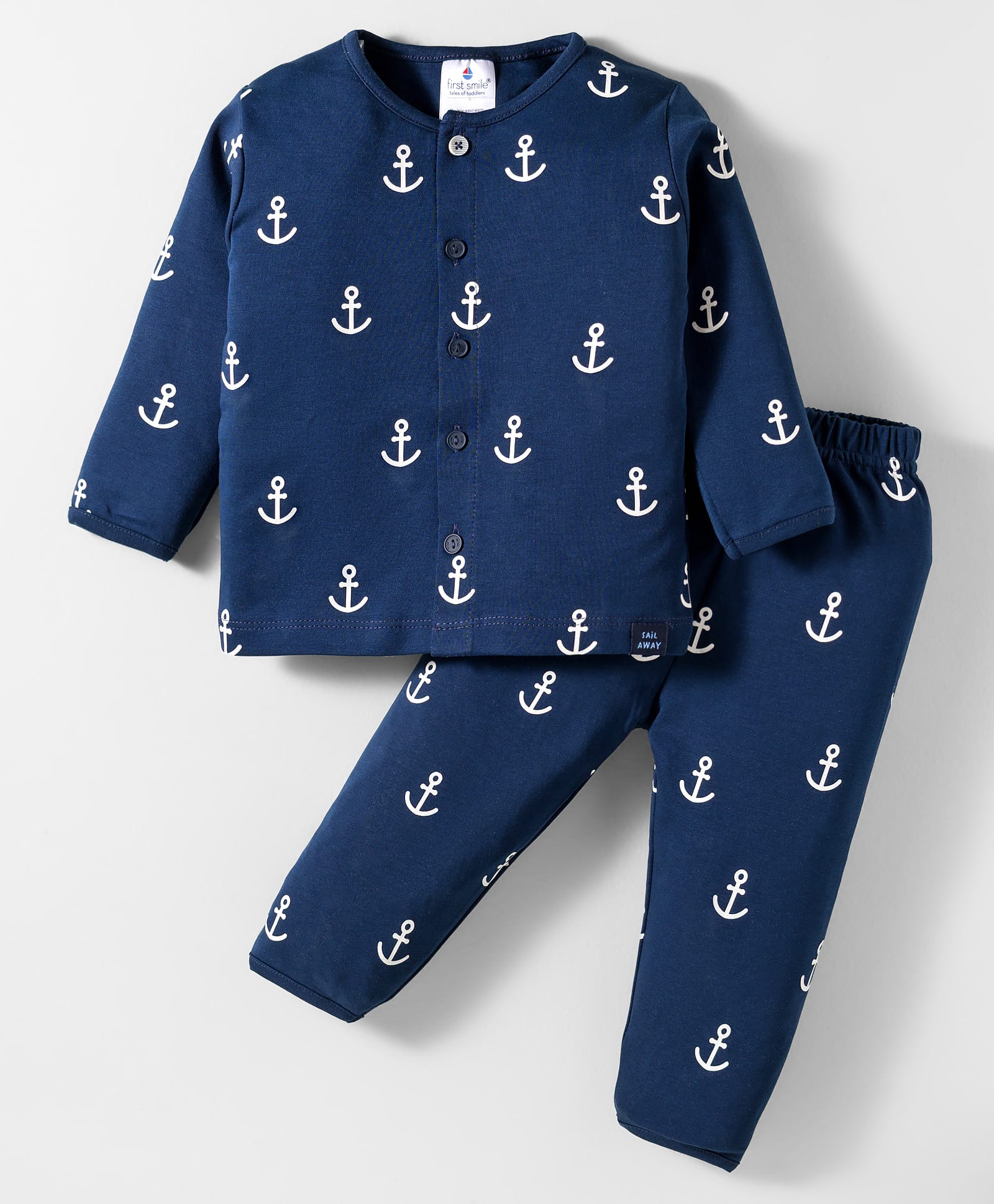 First Smile Interlock Knit Full Sleeves Co-ords Night Suit With Anchor Print - Navy Blue