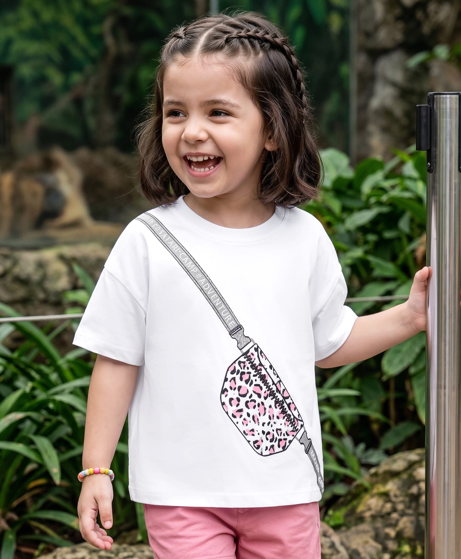Kookie Kids Single Jersey Knit Drop Shoulder Half Sleeves T-Shirt with Sling Bag Print - White-image-33