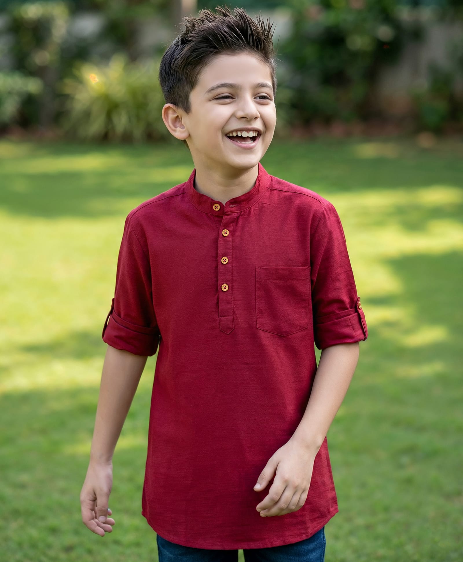 kookie kids india Kookie Kids Cotton Woven Full Sleeves Solid Colour Kurta Style Shirt - Dark Red-picture-10