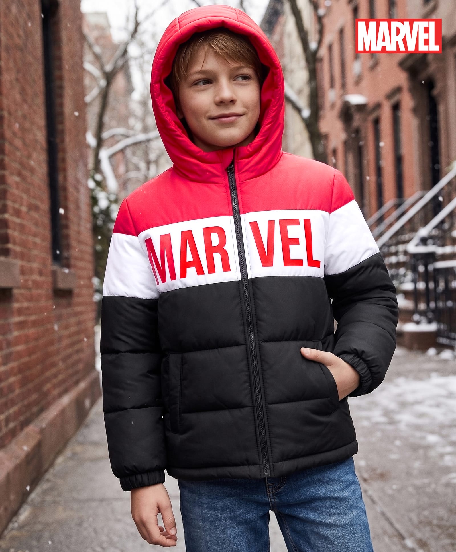 Pine Kids Marvel Woven Full Sleeves Hooded Winter Jacket With Avengers Graphic - Red & Black-picture-12