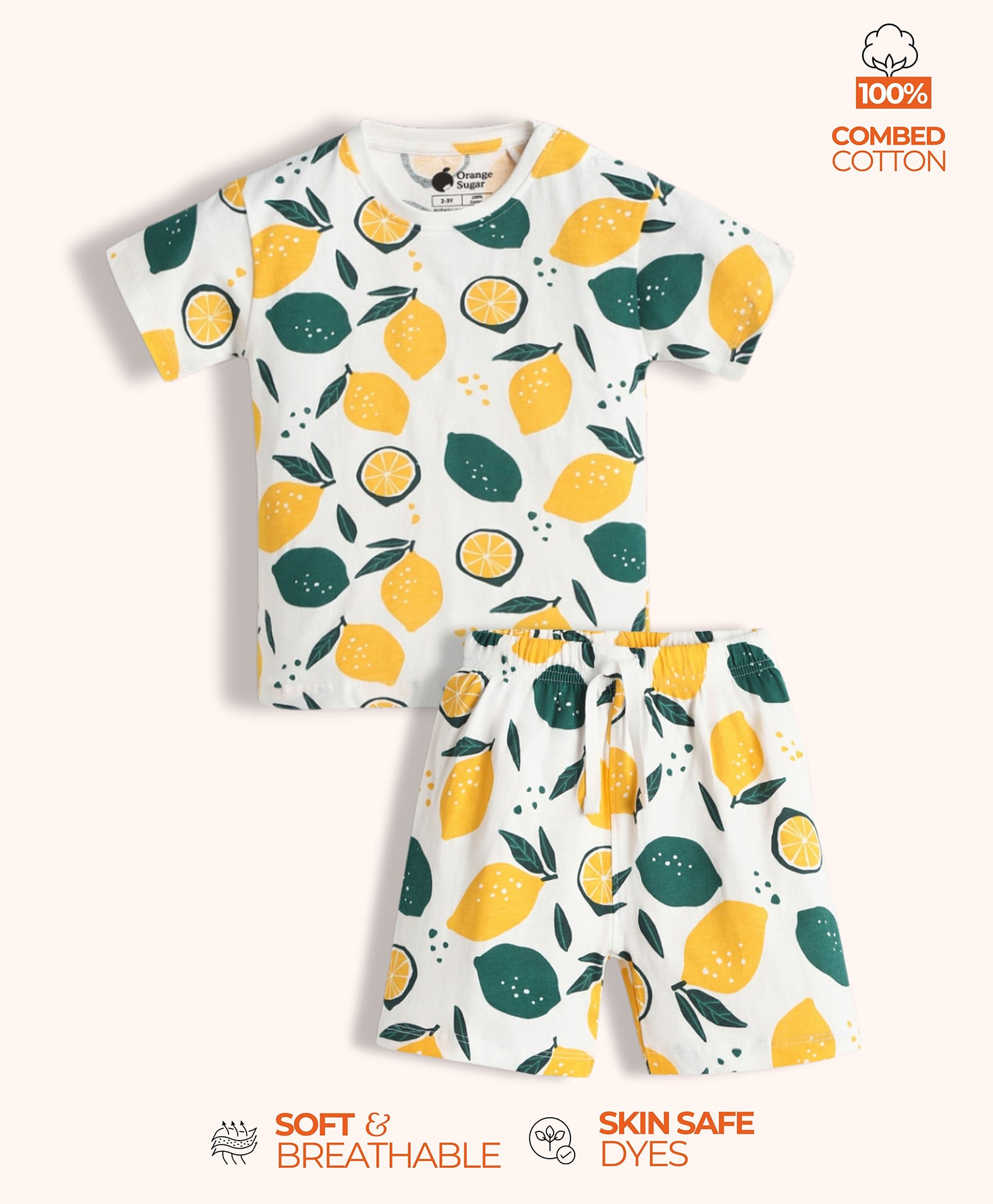 Orange Sugar 100% Cotton Knit Half Sleeves Lemons Printed Coordinating Tee & Shorts Night Suit Set - White-image-31