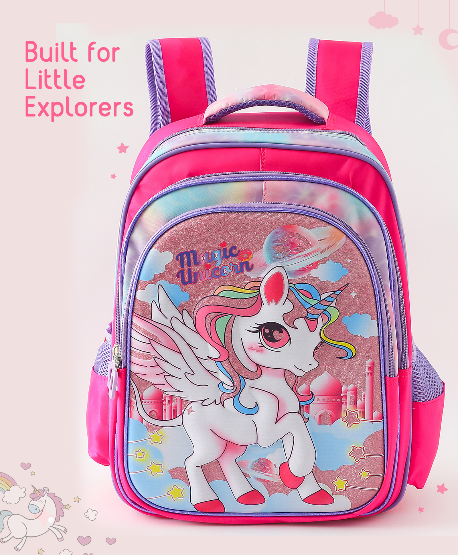Babyhug Magic Unicorn School Backpack 21 L - Pink| 3 Main Compartments, 2 Bottle Side Pockets| Adjustable & Padded Shoulder Straps| Water Resistant| Ideal for School, Travel | Height 16 Inches-image-28