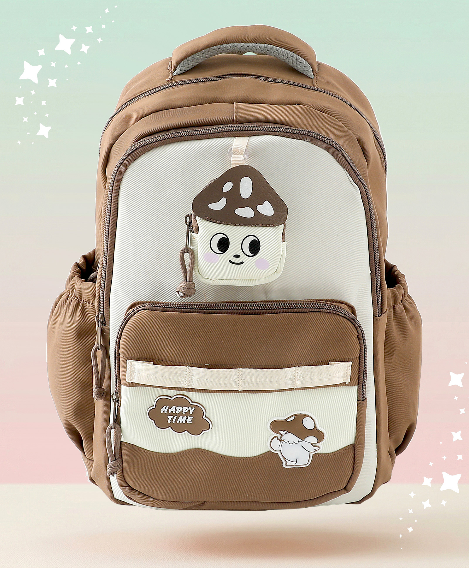 Bonfino Happy Mushroom School Backpack 23L - Brown| 2 Spacious Compartments, 2 Bottle Pockets| 1 Front Pocket| Water Resistant| Ideal for School, Travel & Nature Adventures| Height 16 Inches-image-5