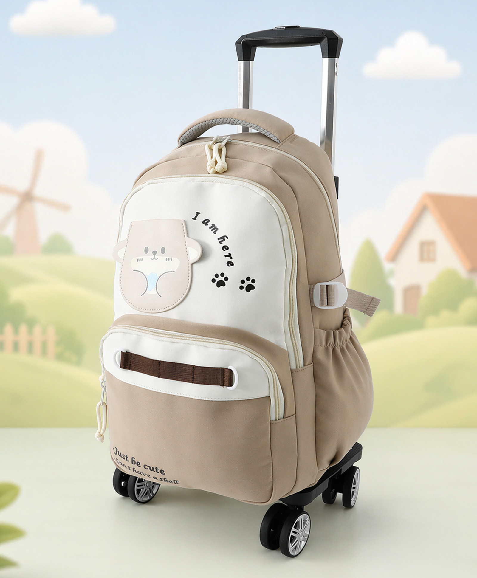 Bonfino Kids School Backpack with Detachable Trolley 26L - Beige & White| Lightweight Cartoon School Bag for Boys & Girls| Adjustable Handle & Spacious Compartments| Bottle Pouch - Height 21 Inches-image-33
