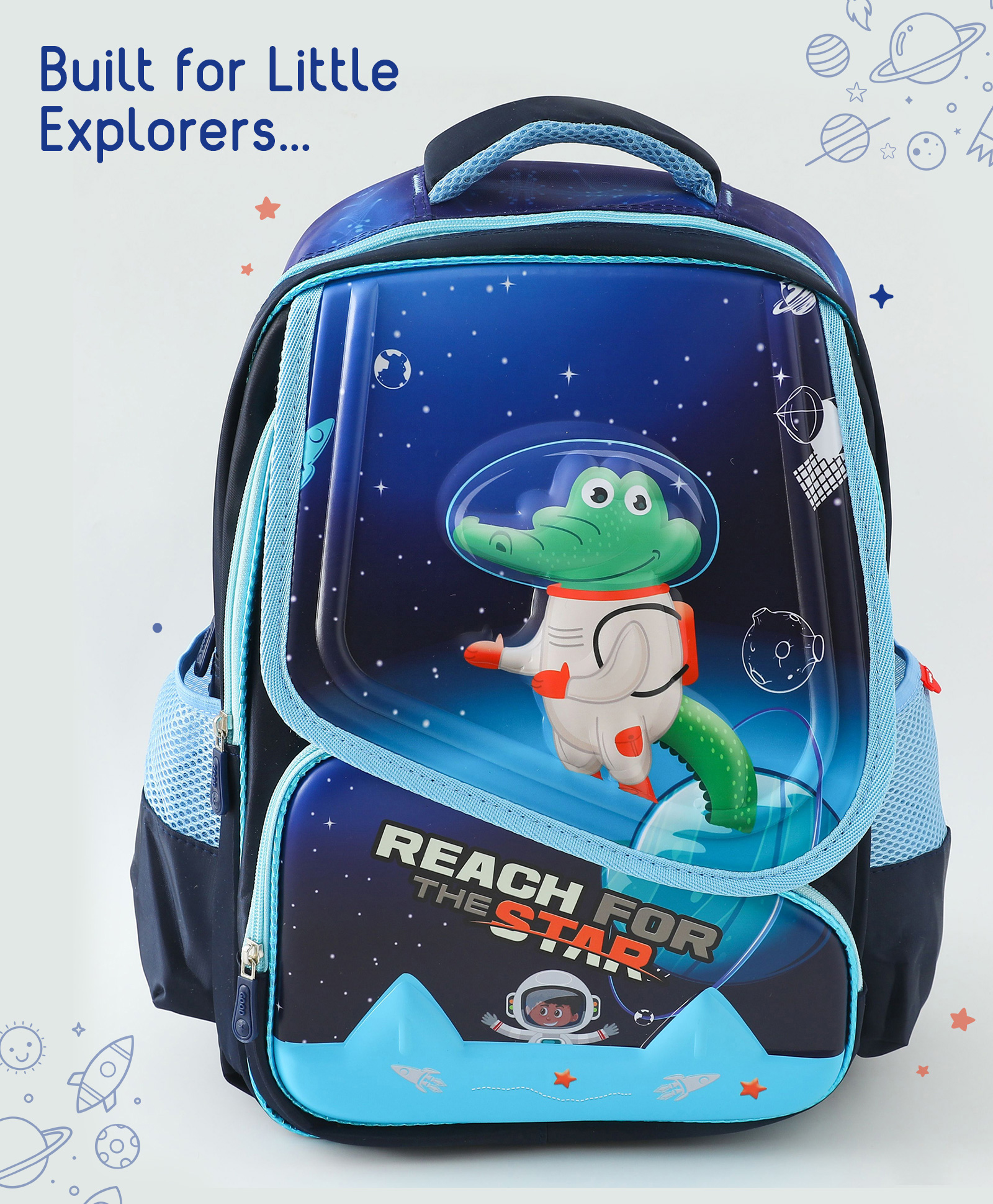 Babyhug Astro Croc Kids School Backpack 21L - Blue| Lightweight Polyester-Nylon Bag for Boys & Girls| 2 Compartments & 2 Bottle Pouches - Height 16 Inches-image-13