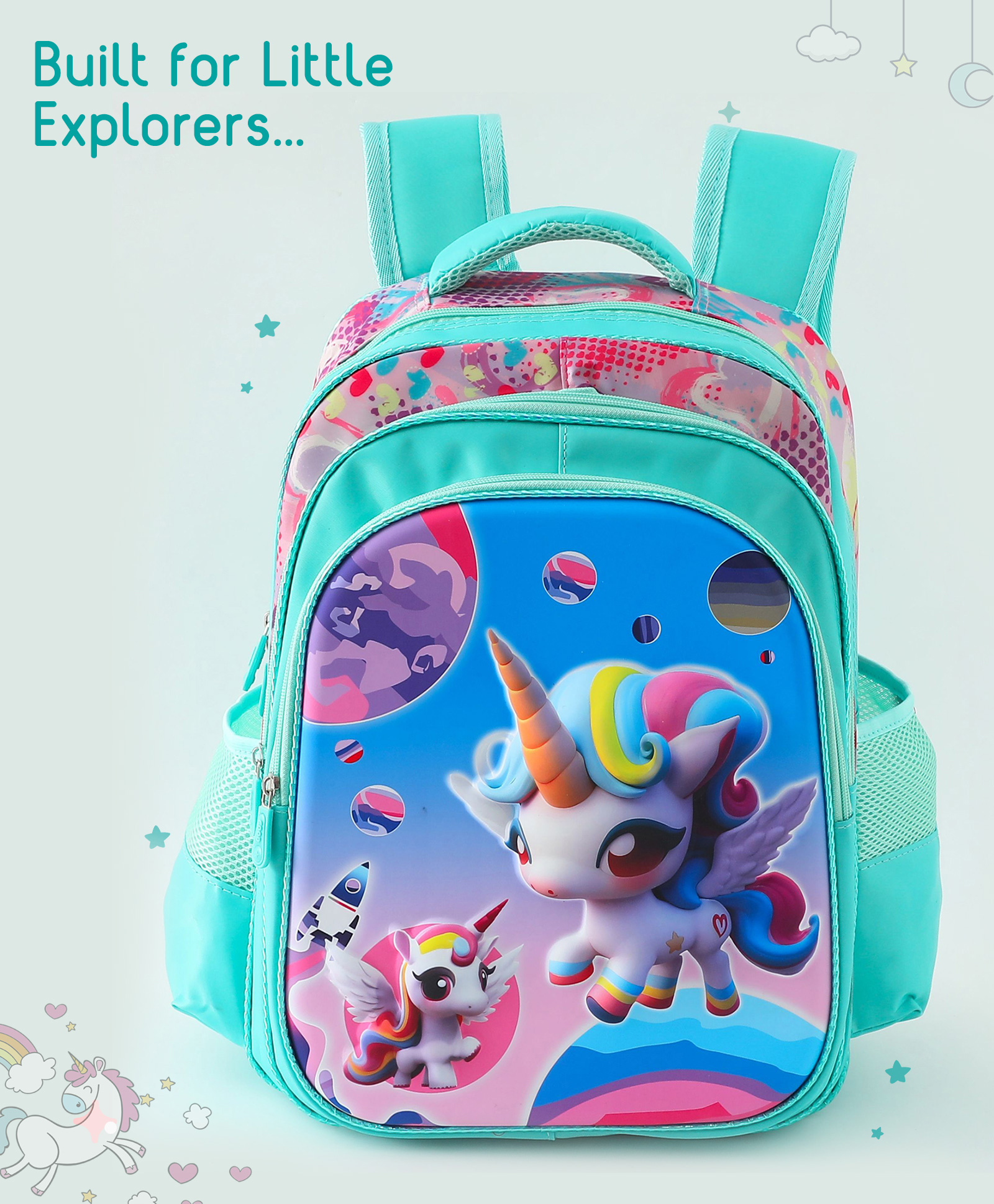 Babyhug Unicorn Kids School Backpack 21L - Blue| Lightweight Polyester-Nylon | 3 Compartments & 2 Bottle Pouches| Water Resistant| Adjustable & Padded Shoulder Strap - Height 16 Inches-image-40