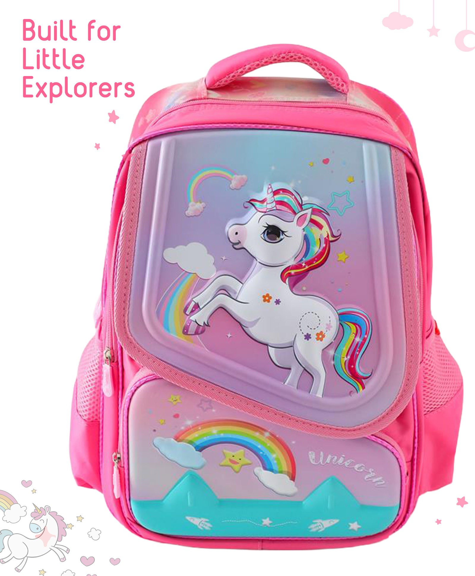 Babyhug Unicorn Kids School Backpack 21L - Pink| Lightweight Polyester-Nylon Bag for Boys & Girls| 3 Compartments & 2 Bottle Pouches| Water Resistant| Adjustable & Padded Shoulder Strap-image-16