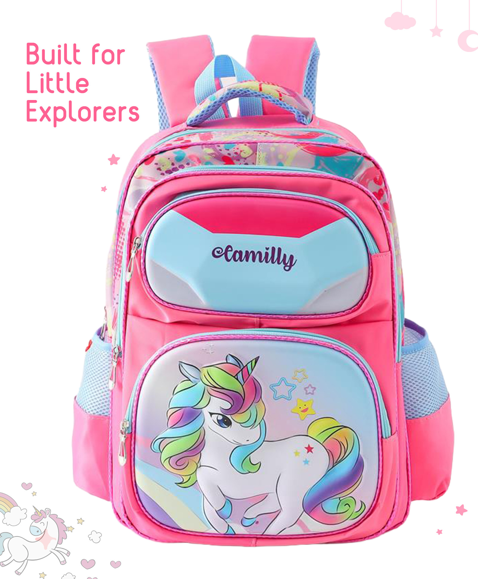 Babyhug Unicorn Kids School Backpack 22L - Pink| Lightweight Polyester-Nylon Bag for Boys & Girls| 3 Compartments, 1 Pouch & 2 Bottle Pouches| Water Resistant| Adjustable & Padded Shoulder Strap-image-17