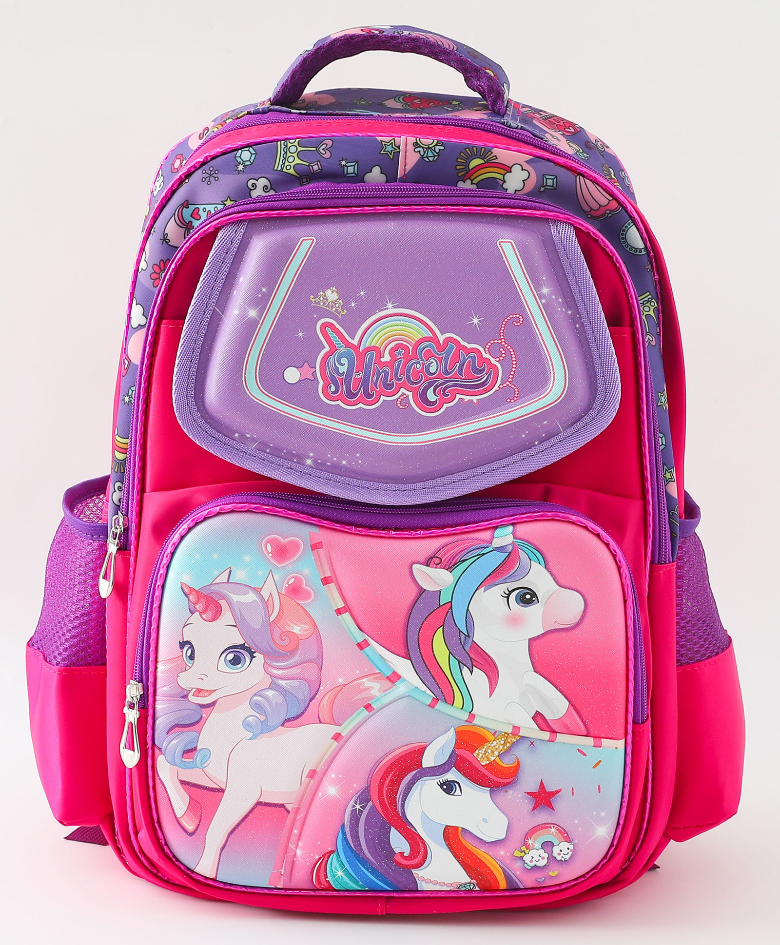 Babyhug Unicorn Kids School Backpack 22L - Pink| Lightweight Polyester-Nylon Bag | 2 Compartments, 1 Pouch & 2 Bottle Pouches| Water Resistant| Adjustable & Padded Shoulder Strap - Height 16 Inches-image-3