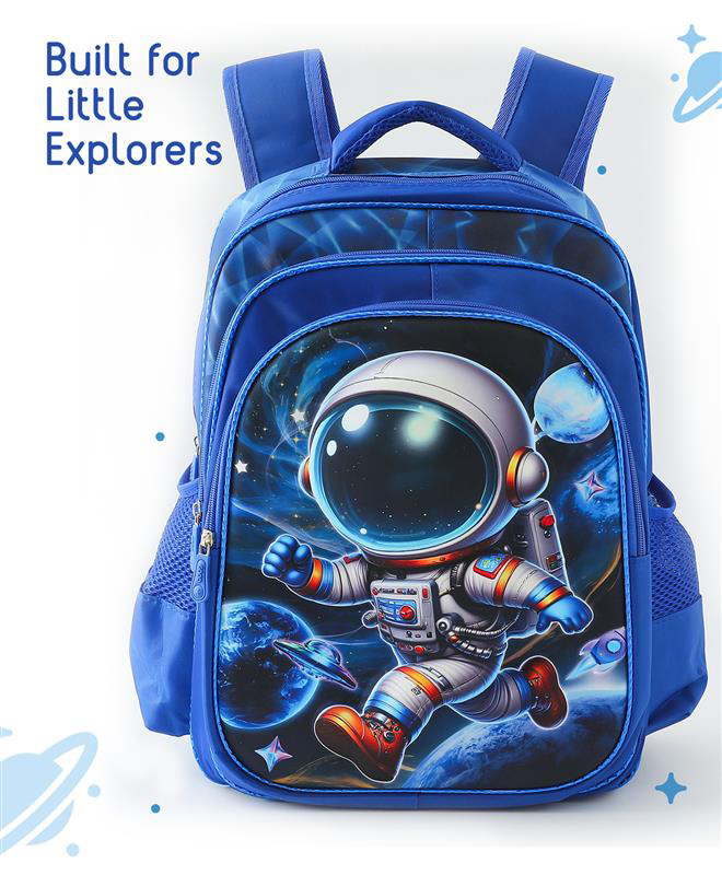 Astronaut Kids School Backpack 21L - Blue| Lightweight Polyester-Nylon Cartoon Bag for Boys & Girls| 3 Compartments & 2 Bottle Pouches| Water Resistant| Adjustable Padded Shoulder Strap-image-19