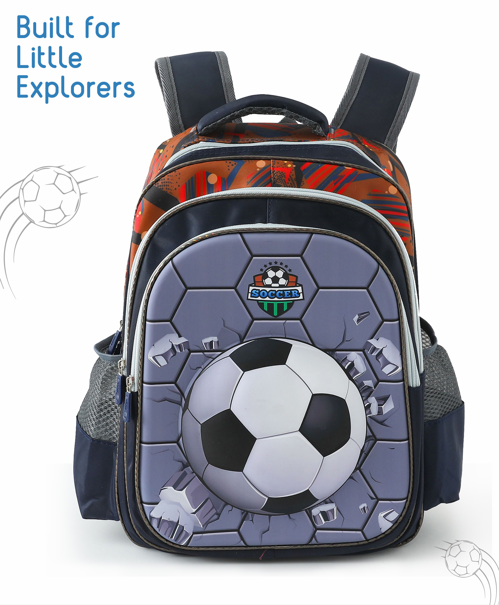 Soccer Kids School Backpack 21L - Grey| Lightweight Polyester-Nylon Cartoon Bag | 3 Compartments & 2 Bottle Pouches| Water Resistant| Adjustable Padded Shoulder Strap - Height 16 Inches-image-29