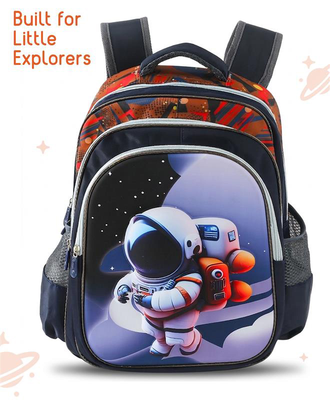 Astronaut Kids School Backpack 21L - Black| Lightweight Polyester-Nylon Cartoon Bag | 3 Compartments & 2 Bottle Pouches| Water Resistant| Adjustable Padded Shoulder Strap - Height 16 Inches-image-28