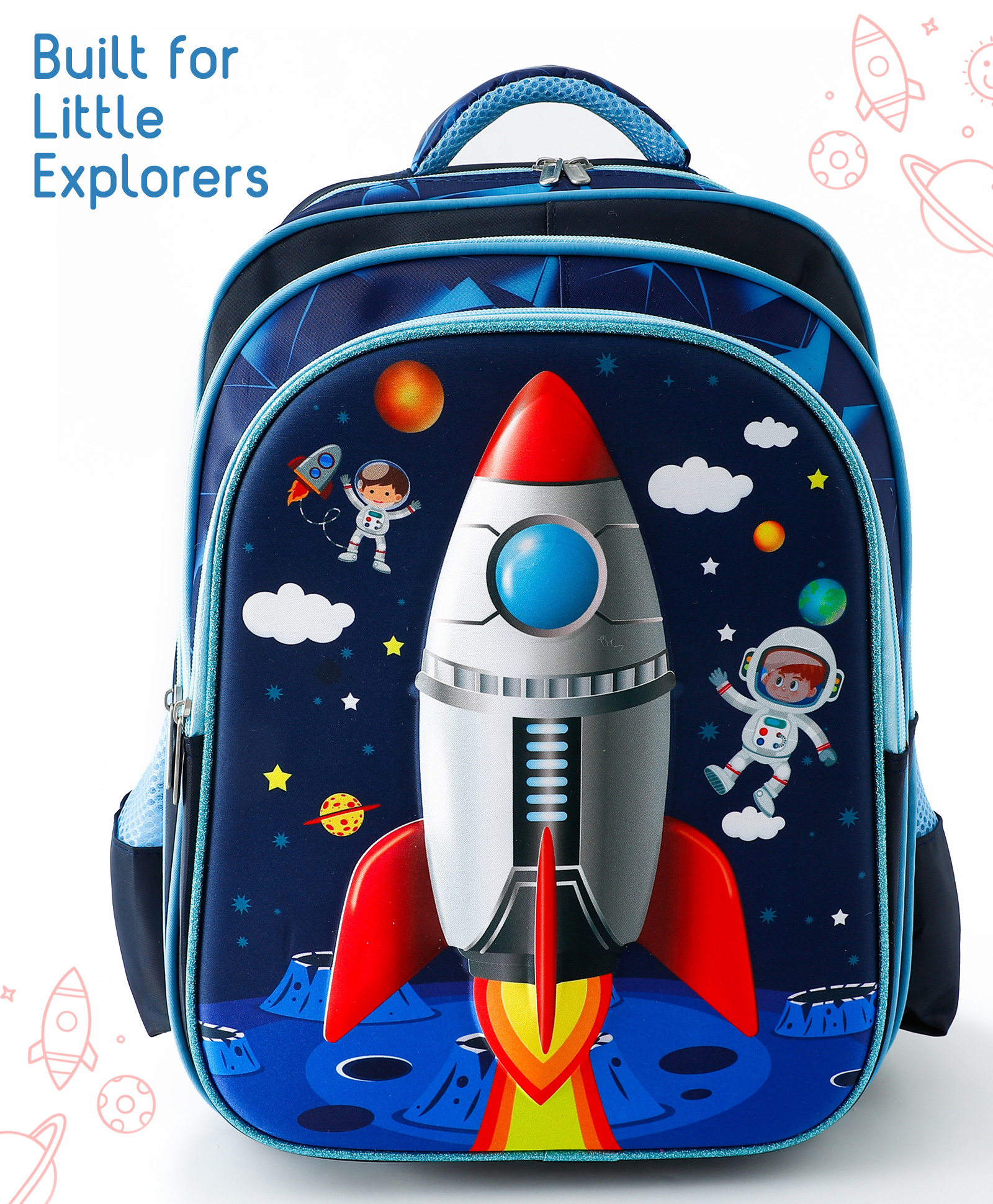 3D Space Rocket School Backpack with 3 Compartments 18L - Blue| Water-Resistant Polyester Nylon School Bag for Boys & Girls| Dual Bottle Pouch| Padded Shoulder Strap - Height 16 Inches-image-21