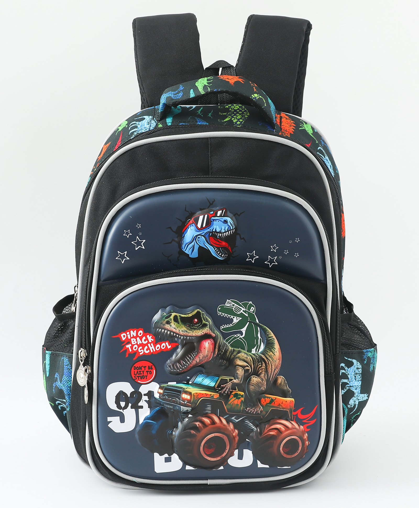 Dinosaur Theme Water Resistant School Backpack with Bottle Pockets & Adjustable Padded Straps with 2 Compartment Black - Height 16 Inches