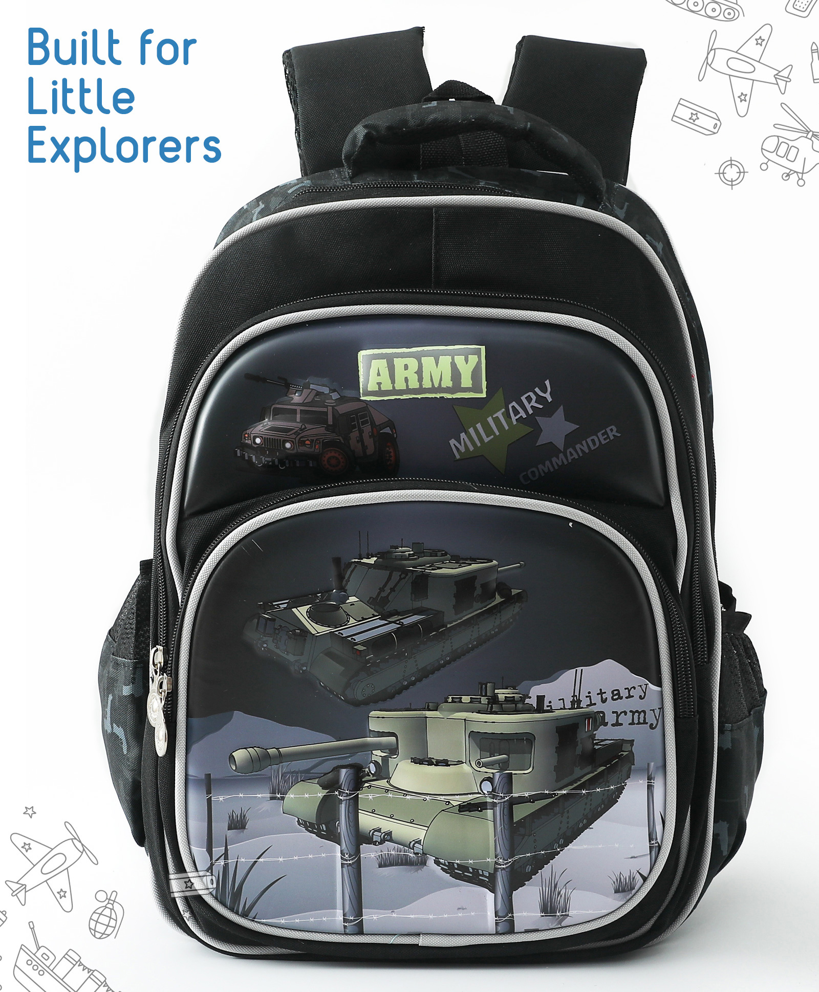Army Tanker Kids Backpack with Padded Strap 20L- Black| Water Resistant| Adjustable Shoulder Strap| Lightweight| Easy to Clean| School Bag for Boys & Girls| Bottle Pouch - Height 16 Inches-image-36
