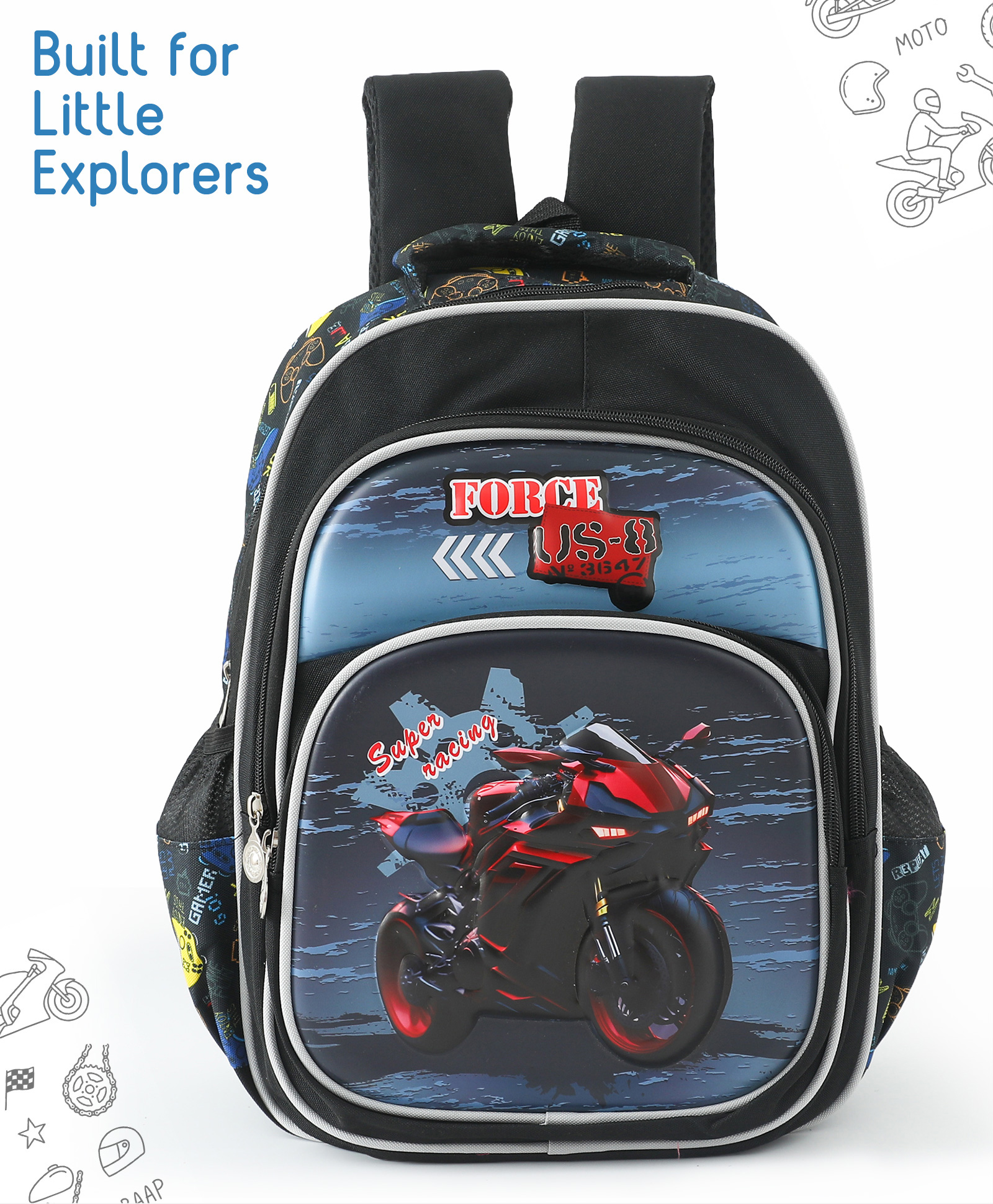 Super Racer Kids Backpack with Padded Strap Black| Water Resistant| Adjustable Shoulder Strap| Lightweight| Easy to Clean| School Bag for Boys & Girls| Bottle Pouch| 3 Compartments - Height 16 Inches-image-39