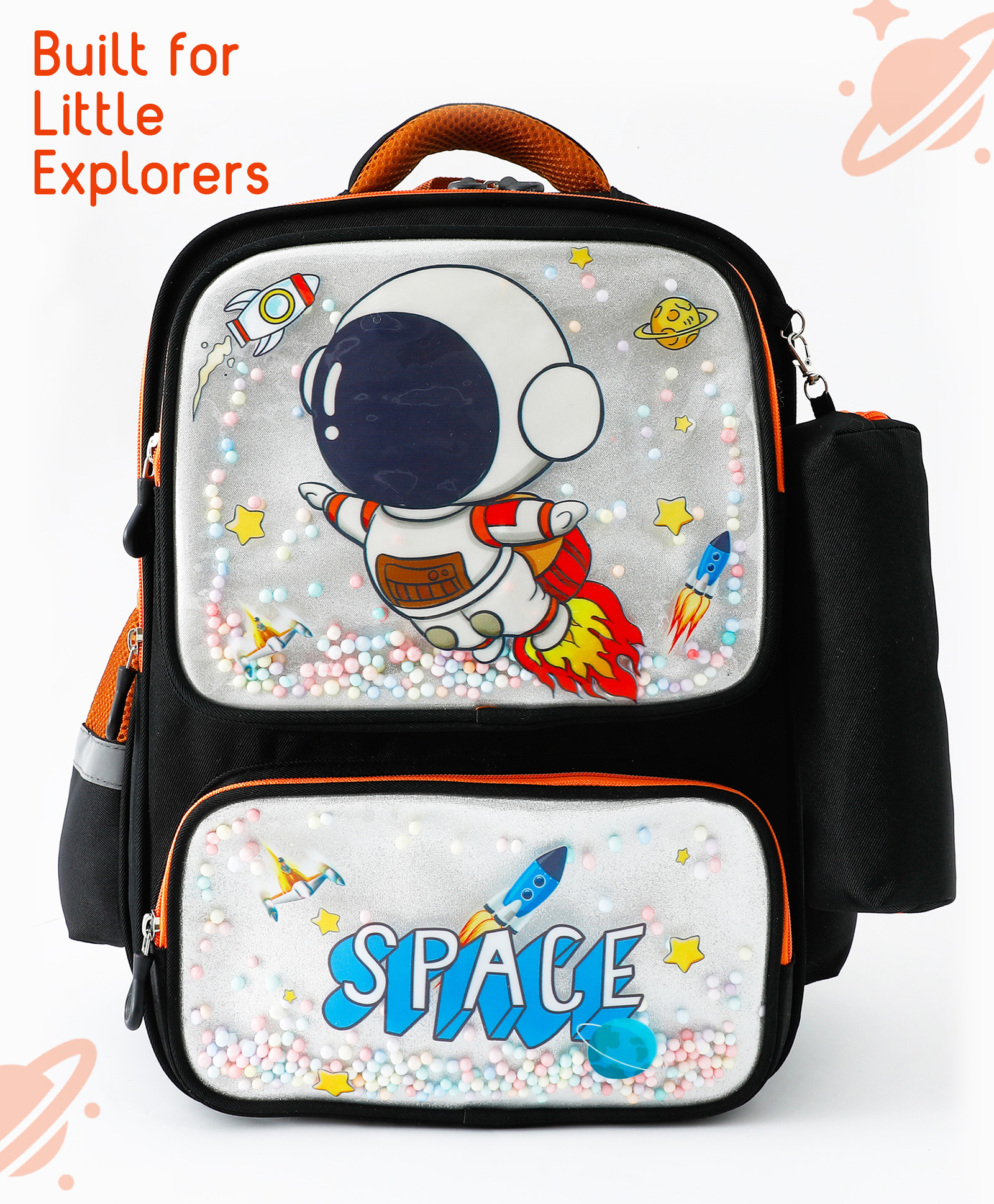 Space Kids School Backpack with Detachable Pencil Pouch 17L - Black| Water-Resistant Polyester| Bag for Boys & Girls| Lightweight & Durable| 3 Compartment & Front Zipper| Bottle Pouch-image-29