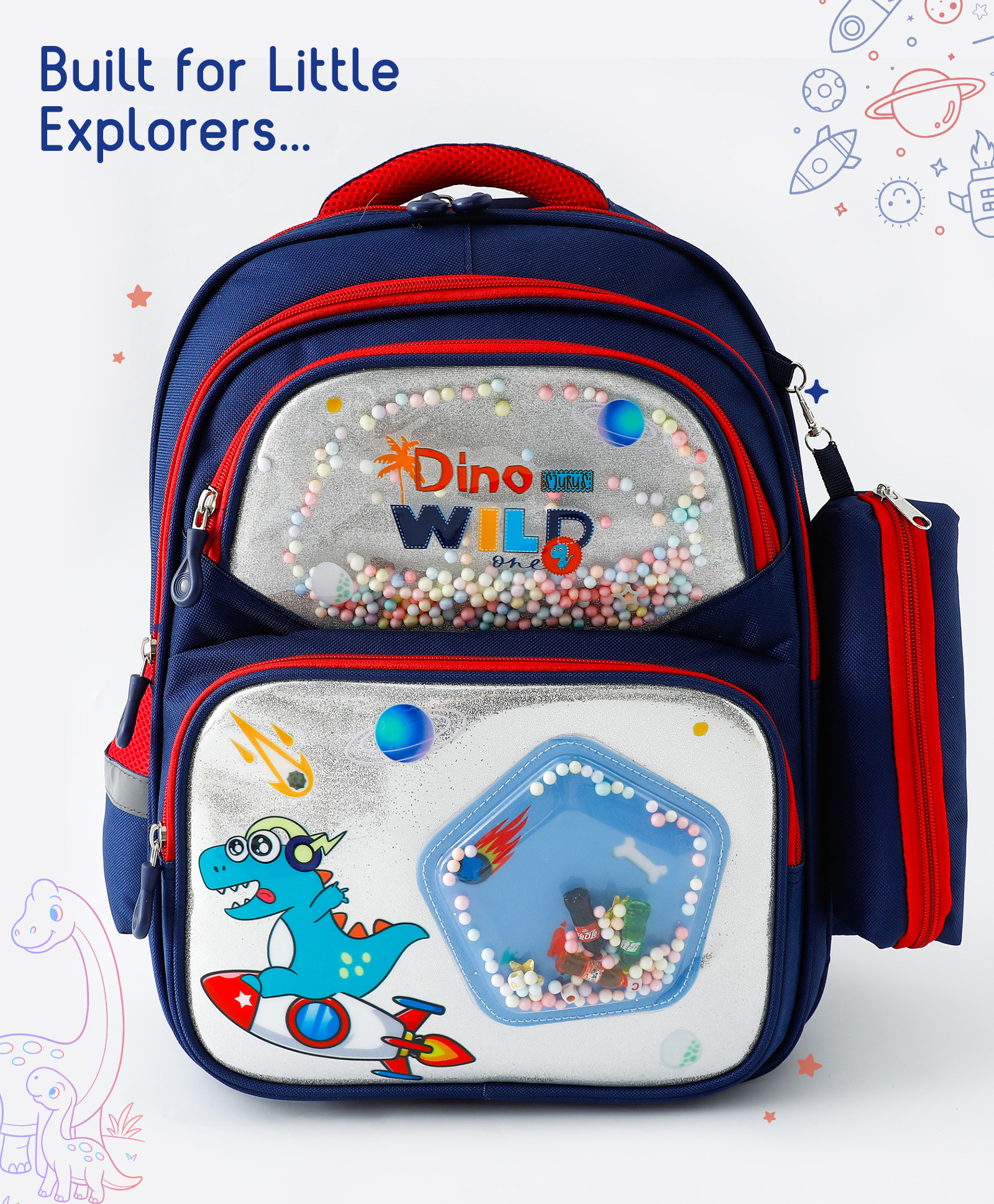 Babyhug Dino Wild Kids School Backpack with Detachable Pencil Pouch 20L - Blue| Water-Resistant Polyester Lightweight & Durable| 3 Compartment & Front Zipper| Bottle Pouch - Height 16 Inches-image-14