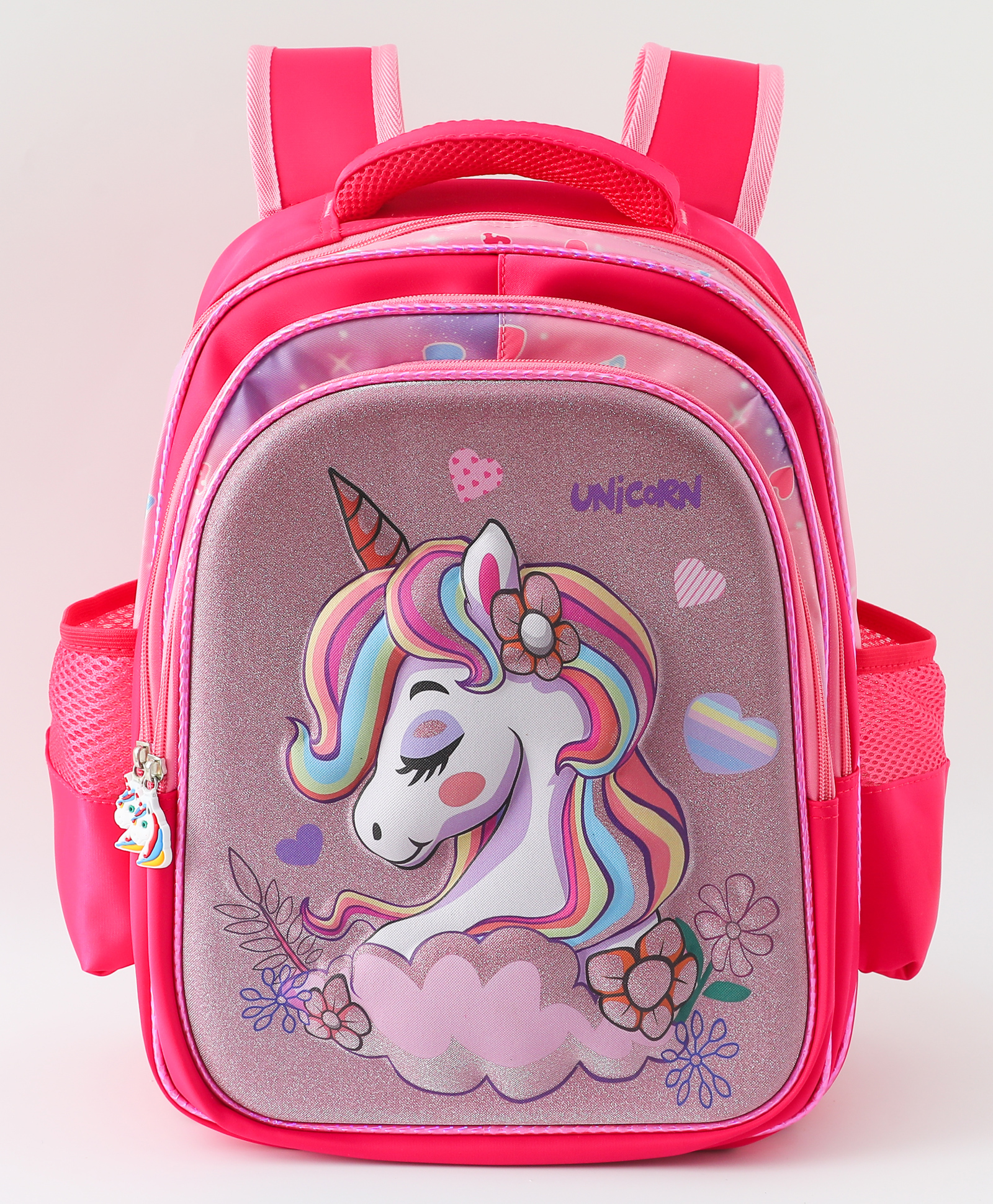 Unicorn Theme Water Resistant Backpack with Bottle Pockets & Adjustable Padded Straps with 3 Compartment Pink Height - 16 Inches