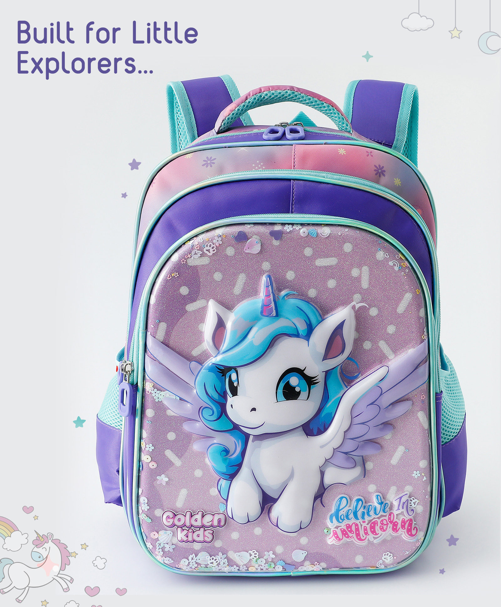 Babyhug Unicorn Kids School Backpack, 25L - Purple| Lightweight School Bag for Girls & Boys| Adjustable Strap & Spacious Compartments| 3 Compartments & 2 Bottle Pouches| Water Resistant-image-32