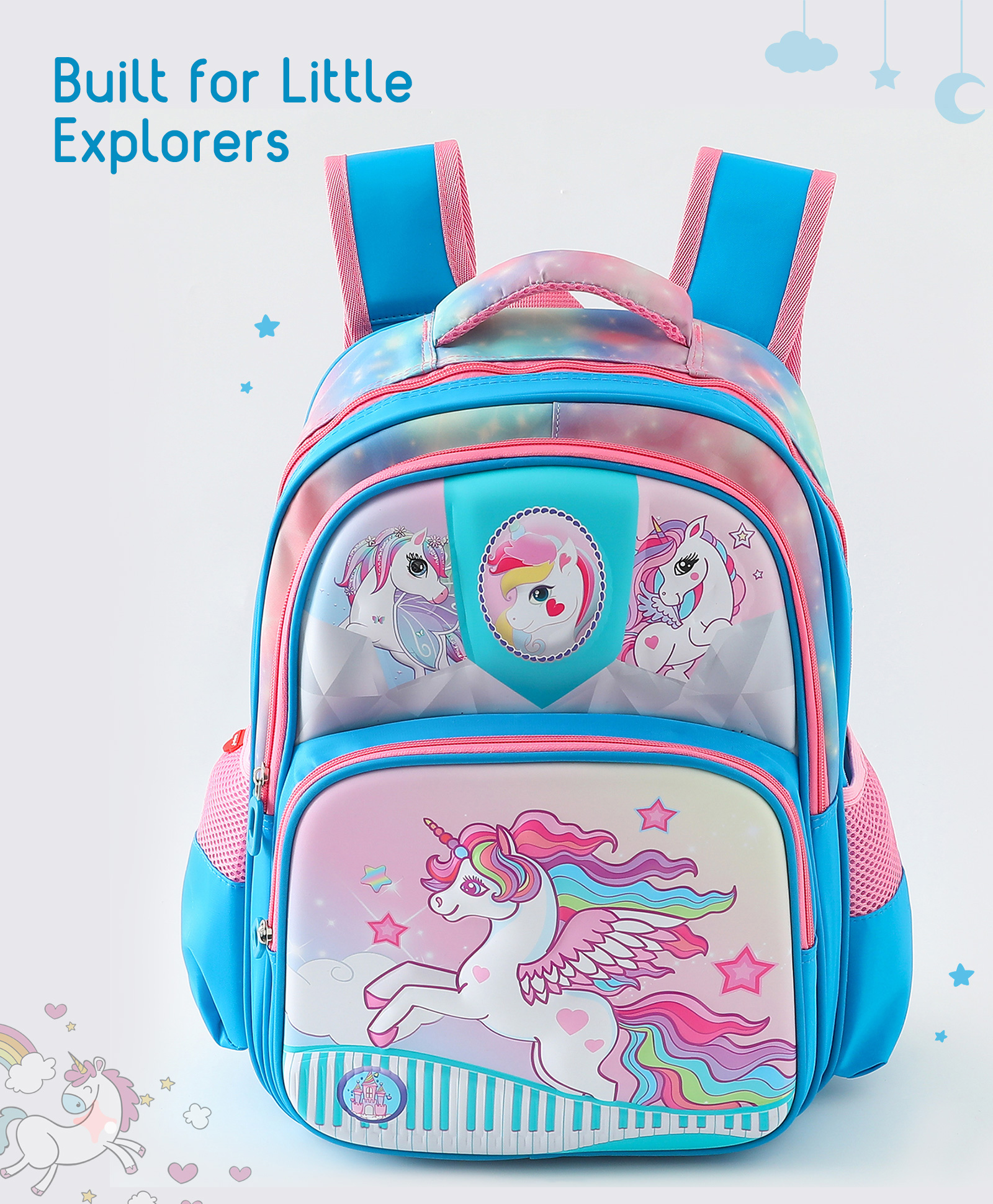 Babyhug Unicorn Kids School Backpack, 20L - Blue Pink| Lightweight School Bag for Girls & Boys| Adjustable Strap & Spacious Compartments| 2 Compartments & 2 Bottle Pouches| Water Resistant-image-33
