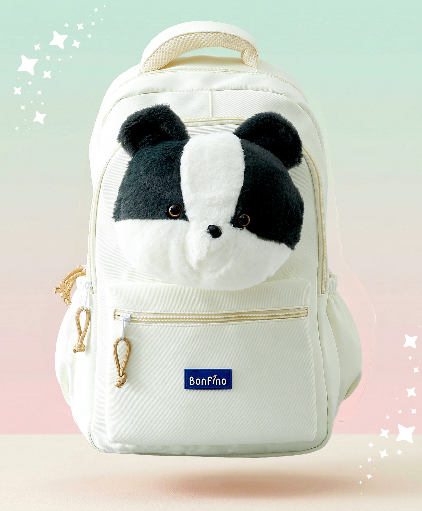 Bonfino Panda Friend School Backpack 28L - White| 2 Spacious Compartments& 1Pocket| Bottle Holder| Water Resistant| Cushioned Back Support| Ideal for School, Travel & Play| Height - 17.5 Inches-image-1