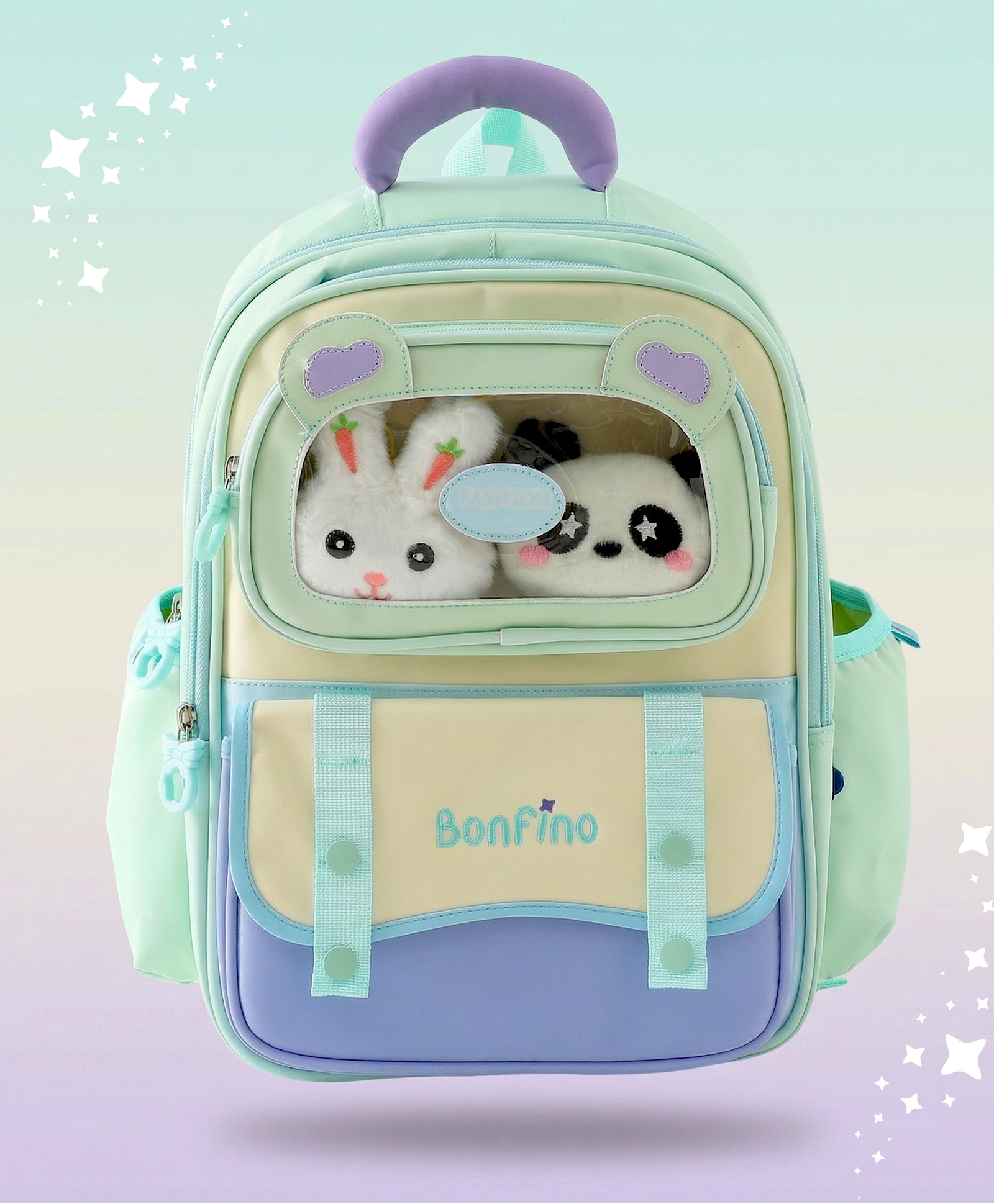 Bonfino Kids School Backpack with Plush Window, Bunny & Panda Soft Toys, 4 Compartments, 22L - Green| Lightweight Polyester-Nylon| School Bag for Girls & Boys| Bottle Pouch-image-27