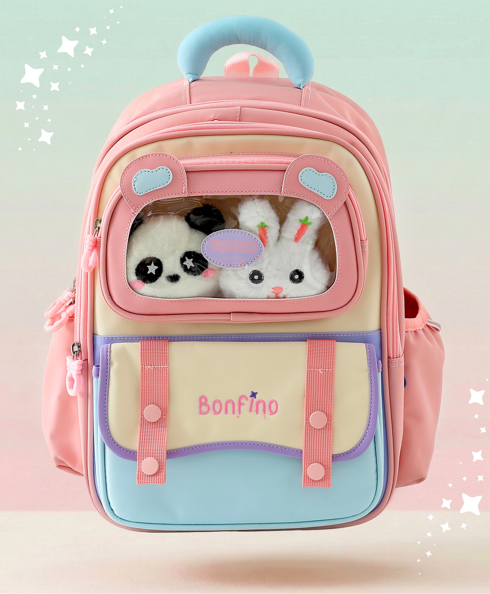Bonfino Kids School Backpack with Plush Window, Bunny & Panda Soft Toys, 4 Compartments, 22L - Pink| Lightweight Polyester-Nylon| School Bag for Girls & Boys| Bottle Pouch-image-29